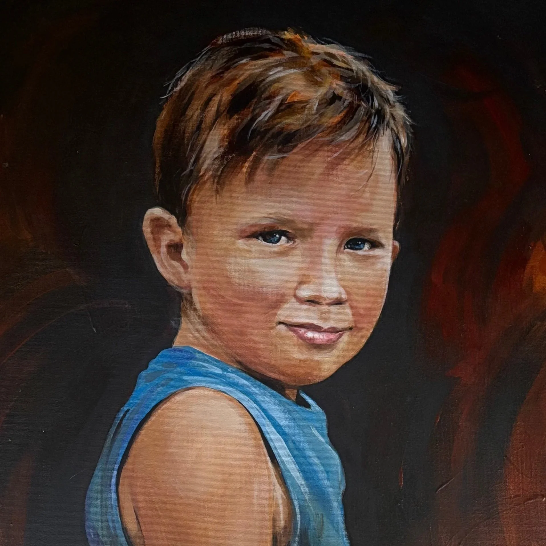 A lifelike portrait painting of a young boy with short brown hair and blue eyes, wearing a sleeveless blue shirt, against a dark reddish background.