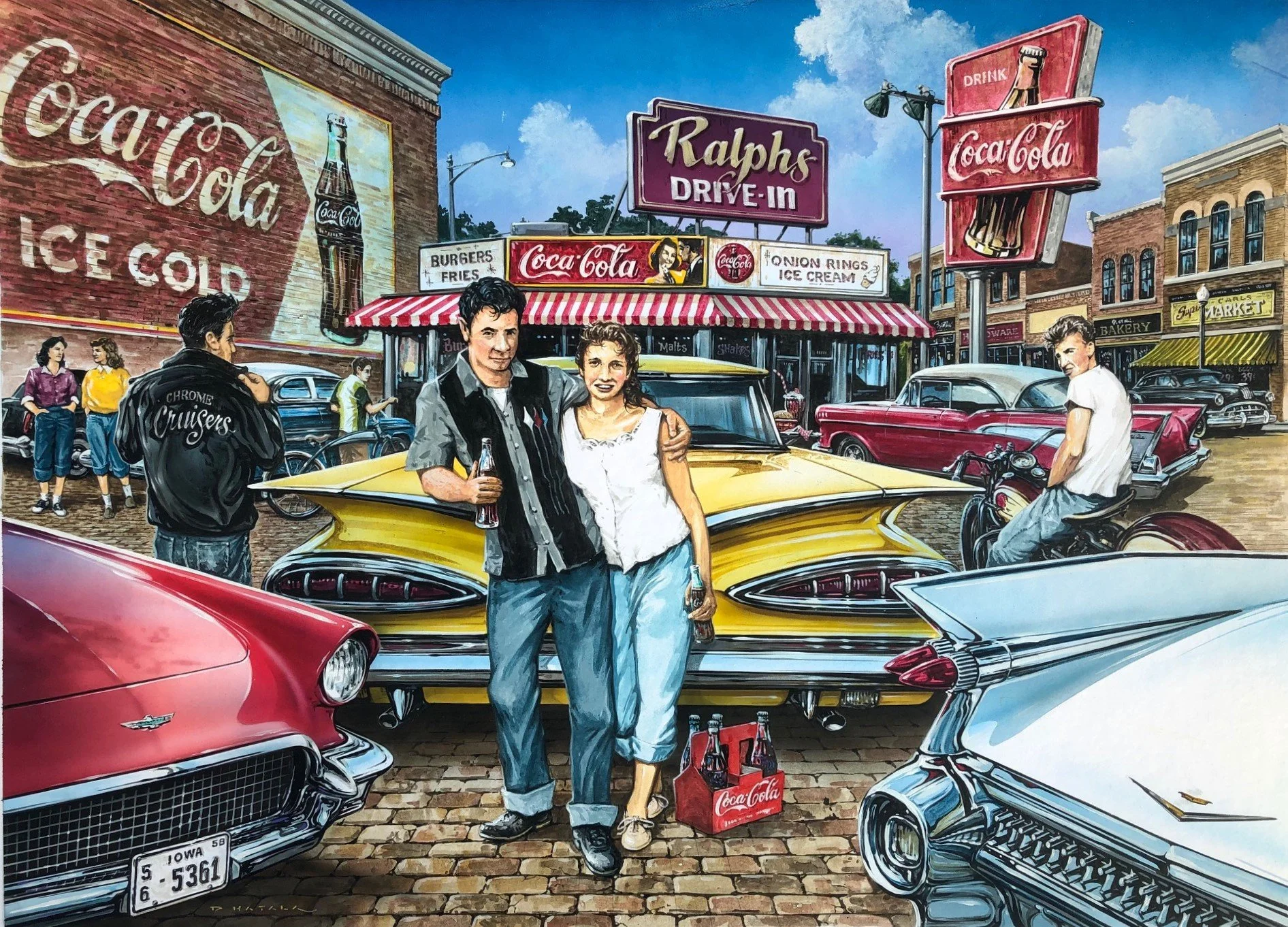 A colorful painting of a vintage street scene with classic cars, a drive-in Coca-Cola stand, and people in retro clothing, including a young couple in the foreground.