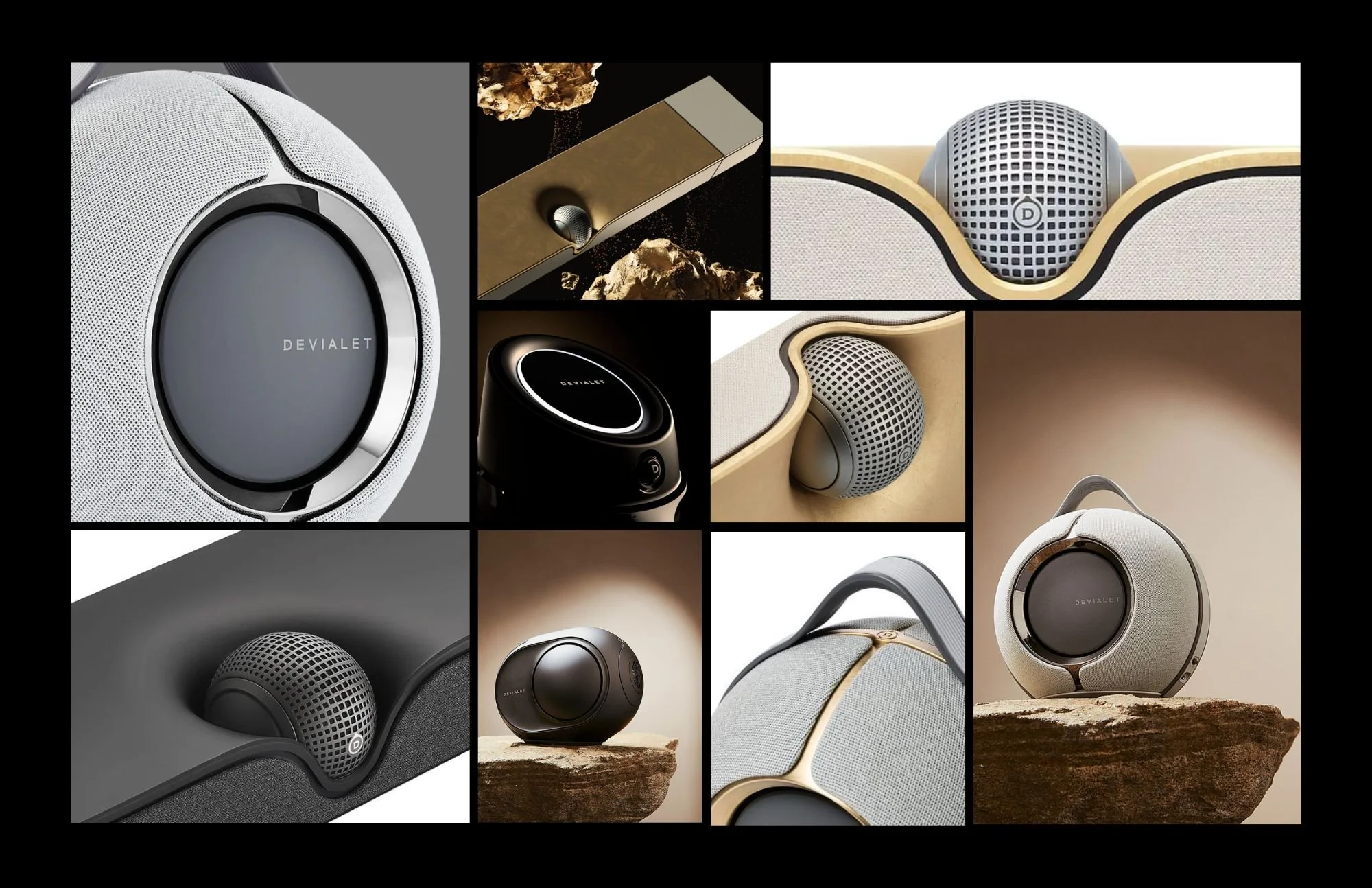 Collage of modern, designer audio speakers and accessories with various shapes, colors, and textures, including spherical and rectangular designs, some placed on rocks and surfaces, highlighting sleek and minimalistic aesthetics.