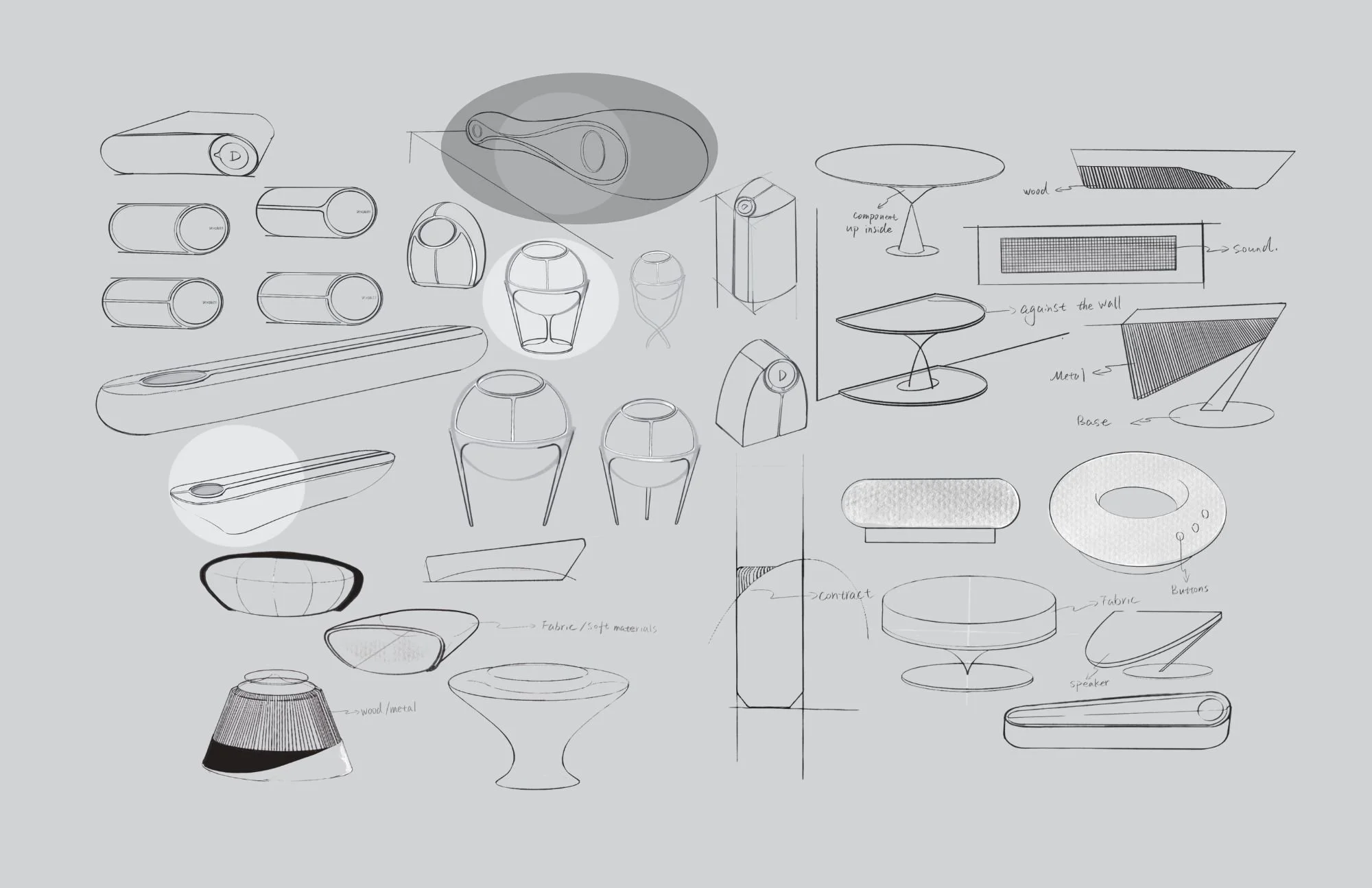 Concept sketches and designs of various furniture and product items, including tables, chairs, a lamp, and electronic devices, along with notes and annotations on materials and construction.
