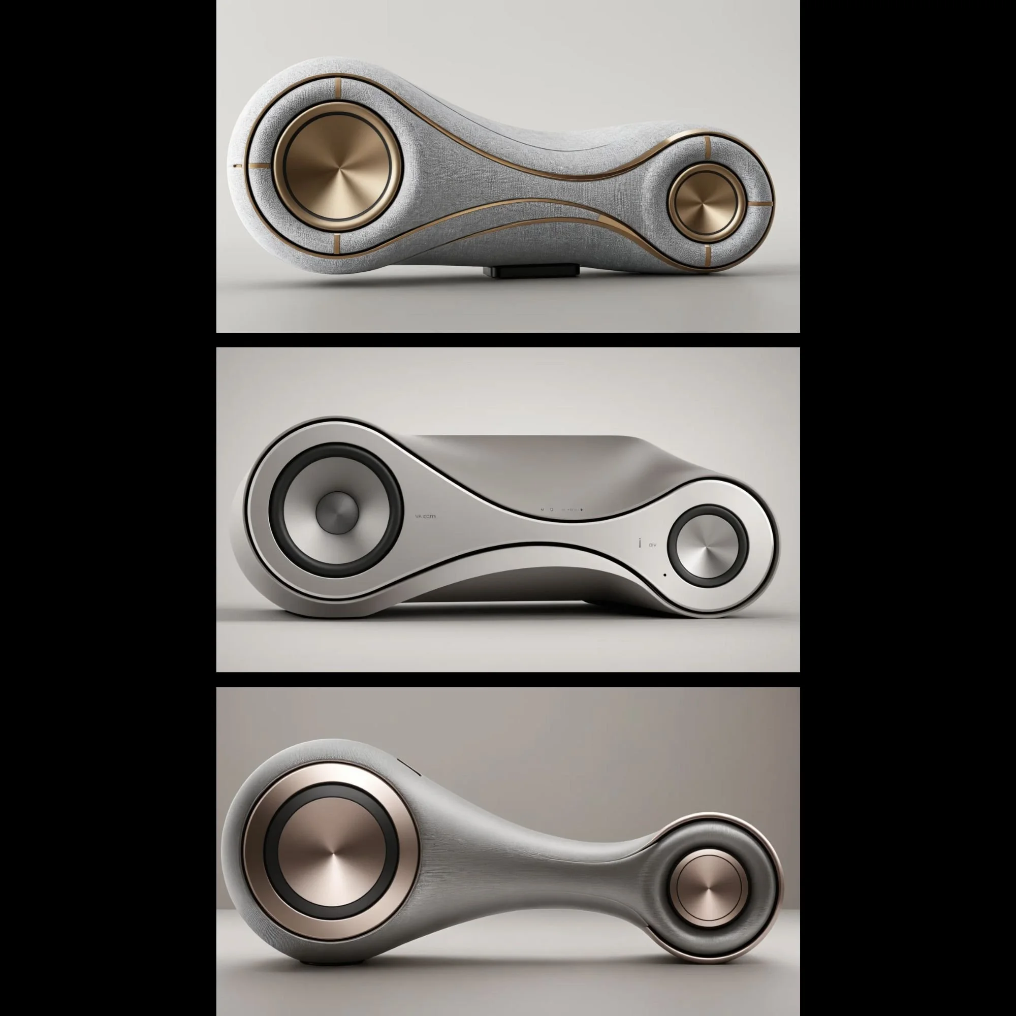 Three modern, sculptural speakers with metallic and fabric finishes, arranged vertically.