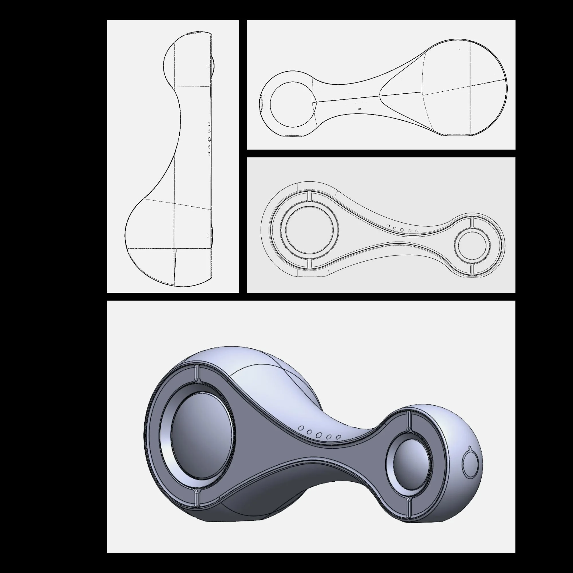 Technical drawings and a 3D rendering of a mechanical component with a teardrop shape, showing top, side, front views, and a perspective view.