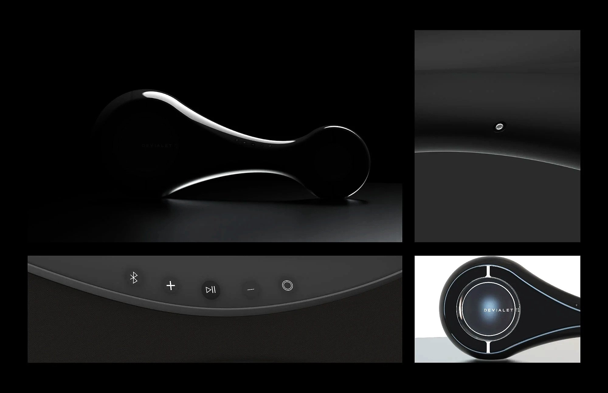 Close-up of a sleek, black wireless speaker with illuminated edges, displaying the brand name 'Deviate,' set against a dark background