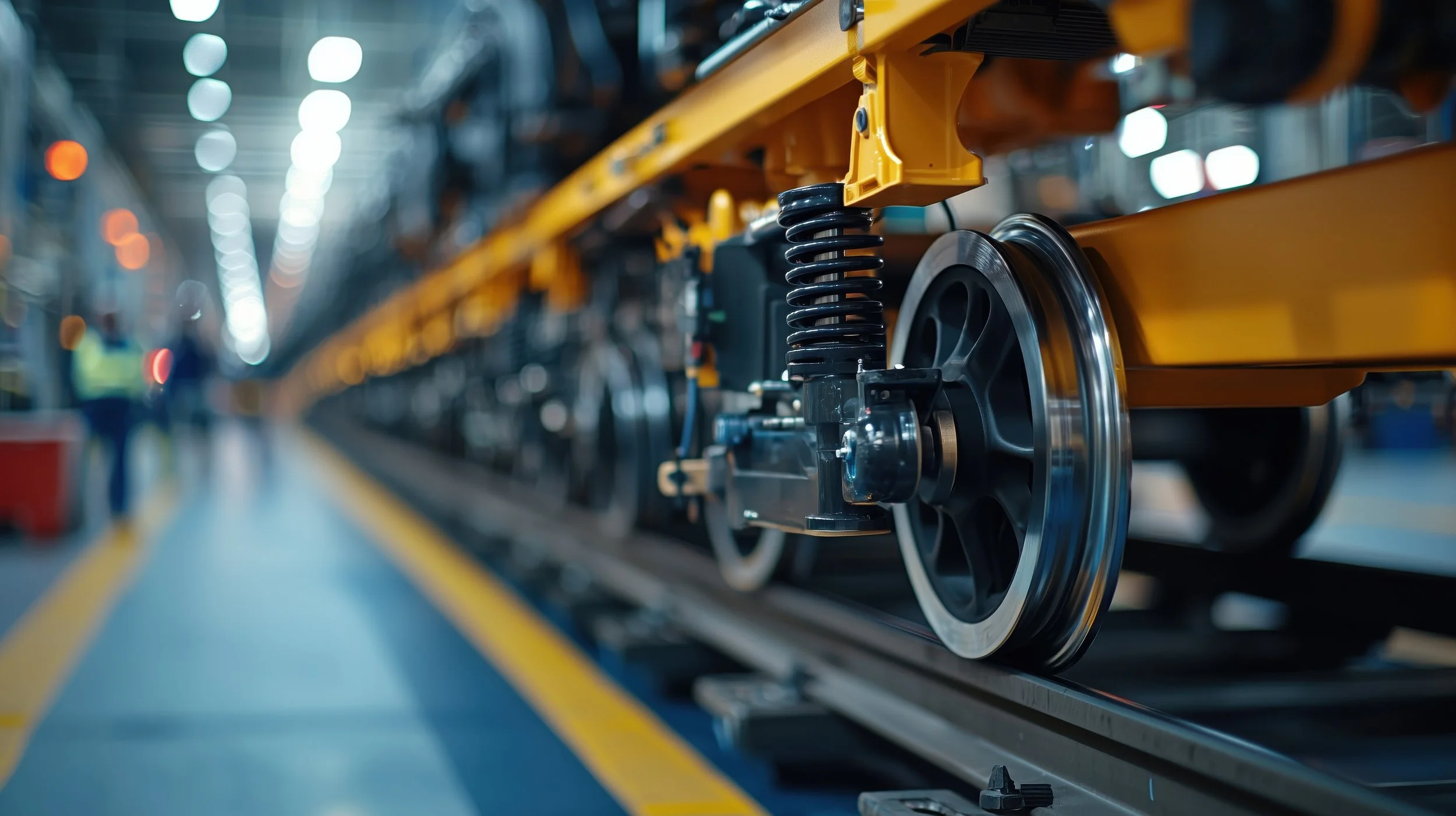 Close-up view of a train wheel and suspension system on a yellow railcar in a warehouse, with industrial lighting and blurred workers in the background.