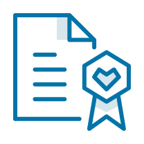 Icon of a document with a ribbon and checkmark, representing an award or certification.