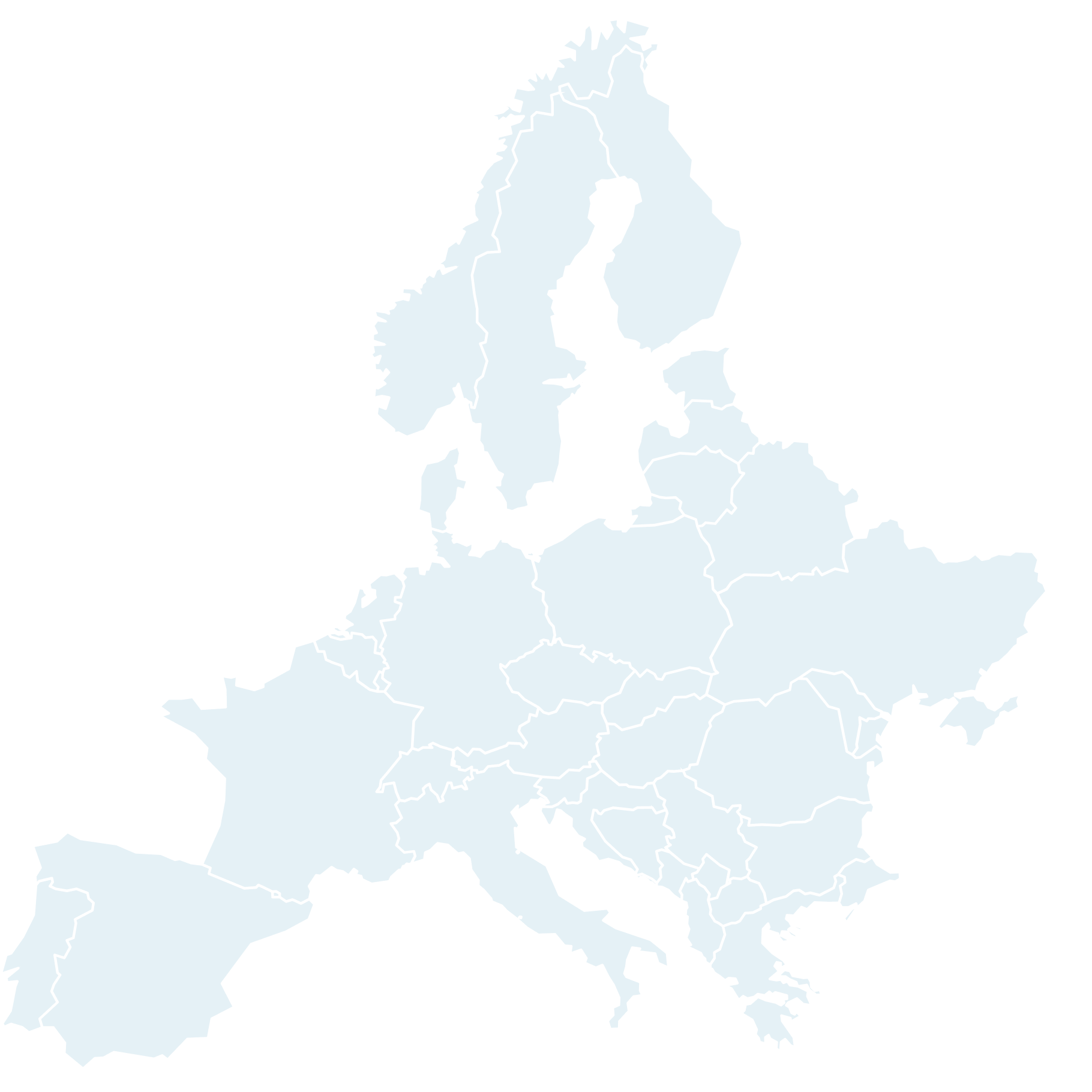 Map of Europe with countries in blue and borders outlined in white on a black background.