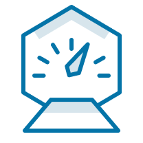 A gauge or meter with a needle pointing to the high end, inside a hexagon shape outline.