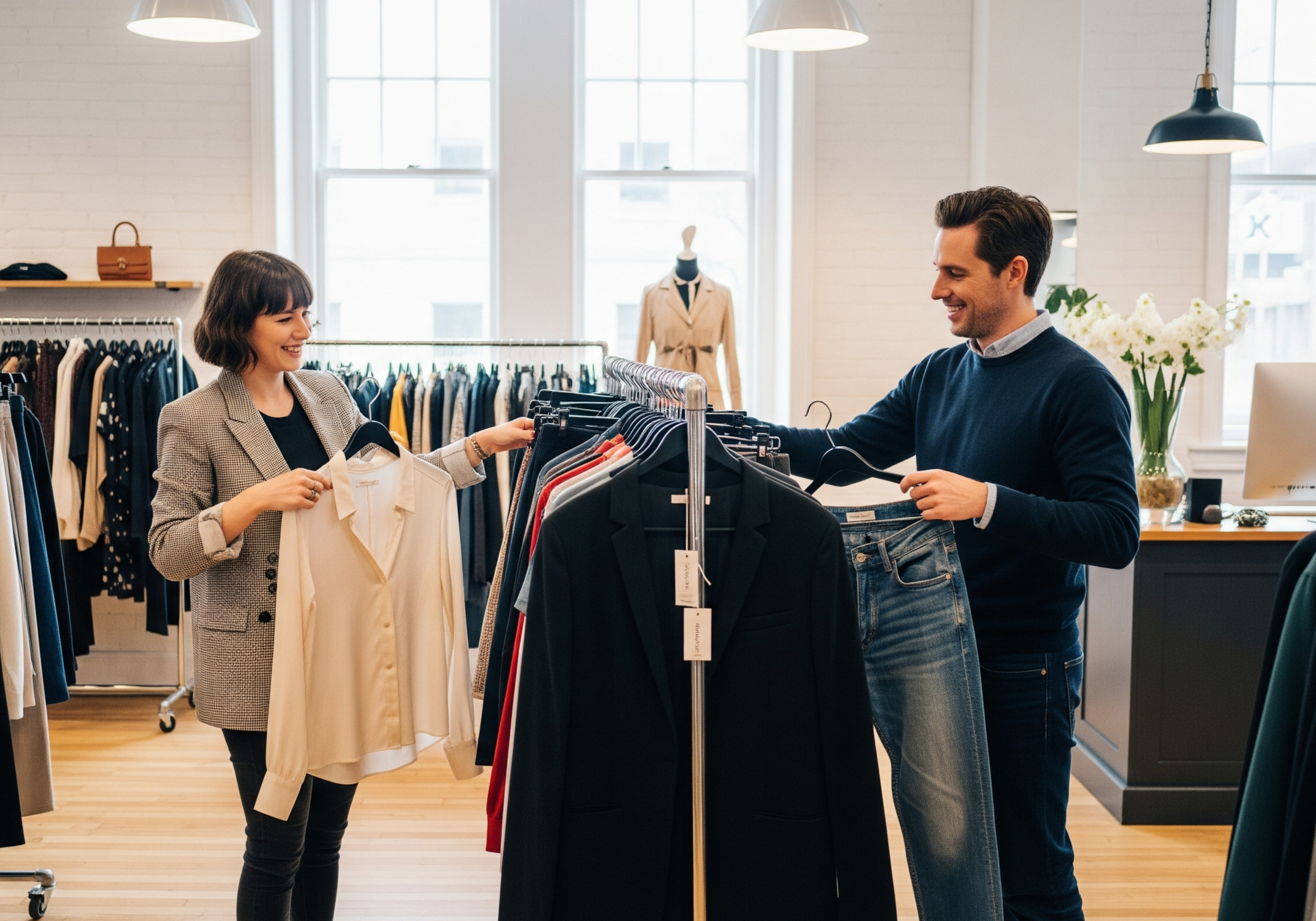 A man and woman shopping for clothes in a boutique store, smiling and holding garments, with racks of clothing and a mannequin in the background.
