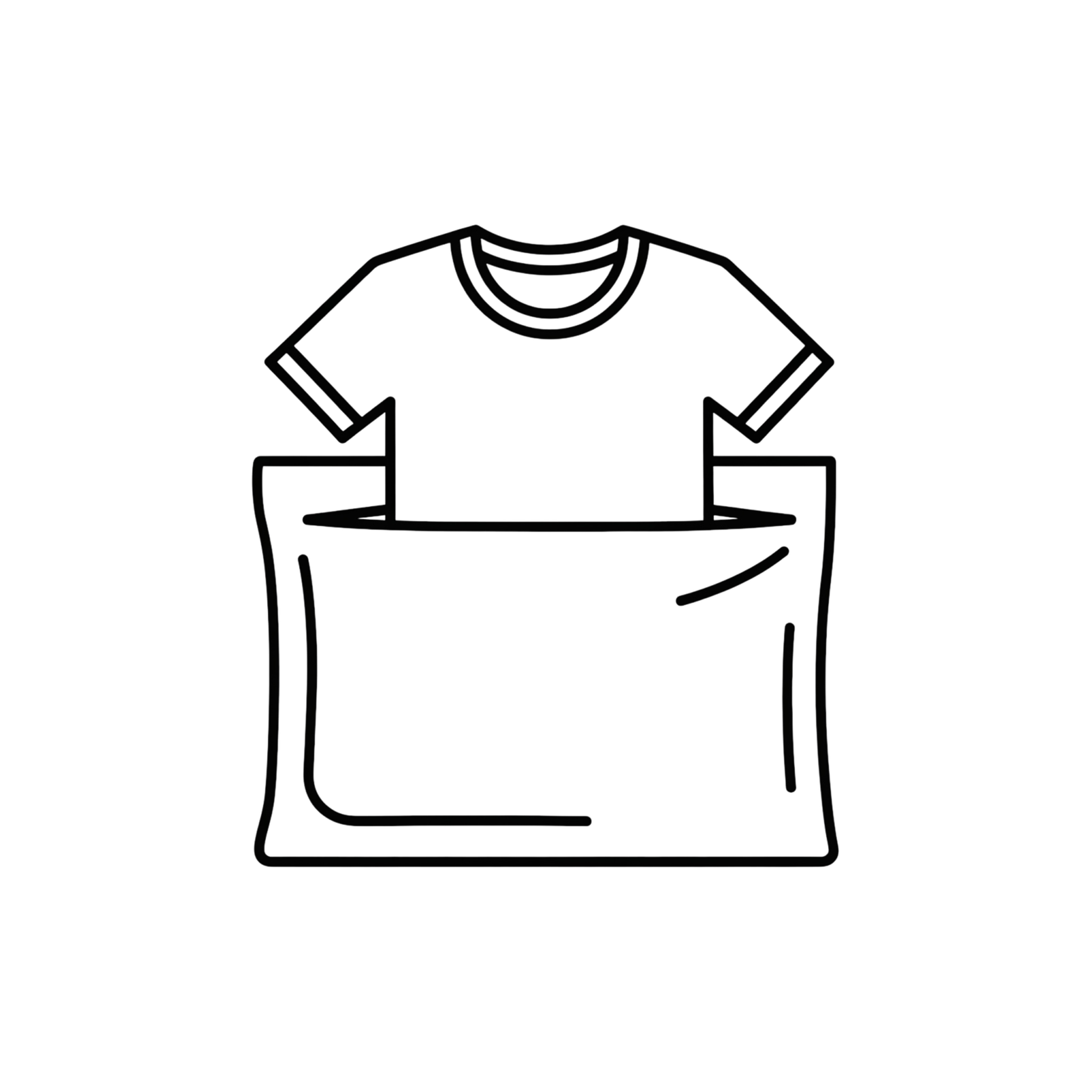 Line drawing of a t-shirt being packed inside a mailing bag.