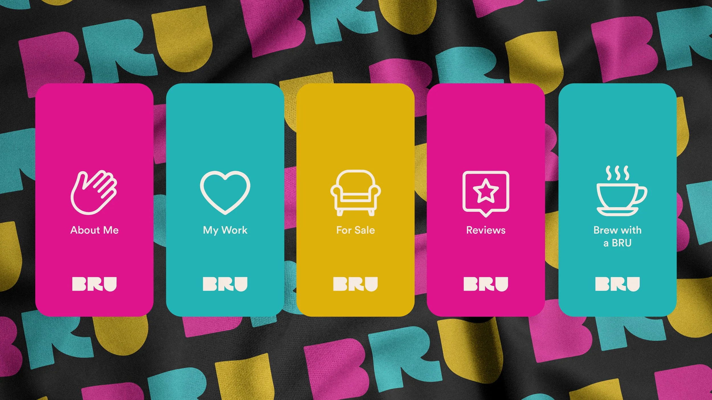 A colorful digital menu with five options: About Me, My Work, For Sale, Reviews, Brew with a BRU, each with unique icons and vibrant background colors of pink, teal, yellow, pink, and teal respectively.