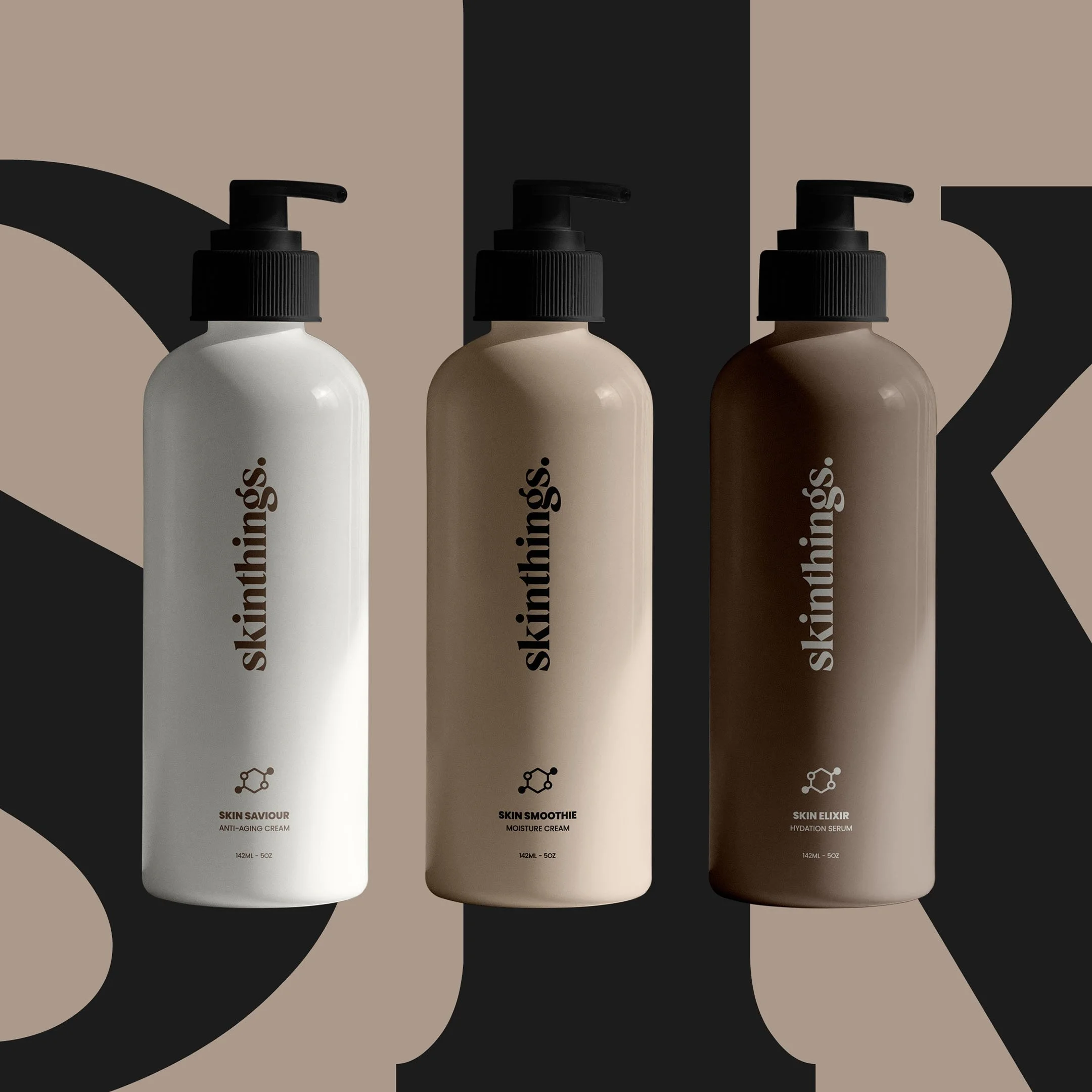 Three skincare bottles with pump dispensers labeled 'skintings.' from left to right: Skin Saviour, Skin Smoothie, Skin Elixir against a geometric black and beige background.