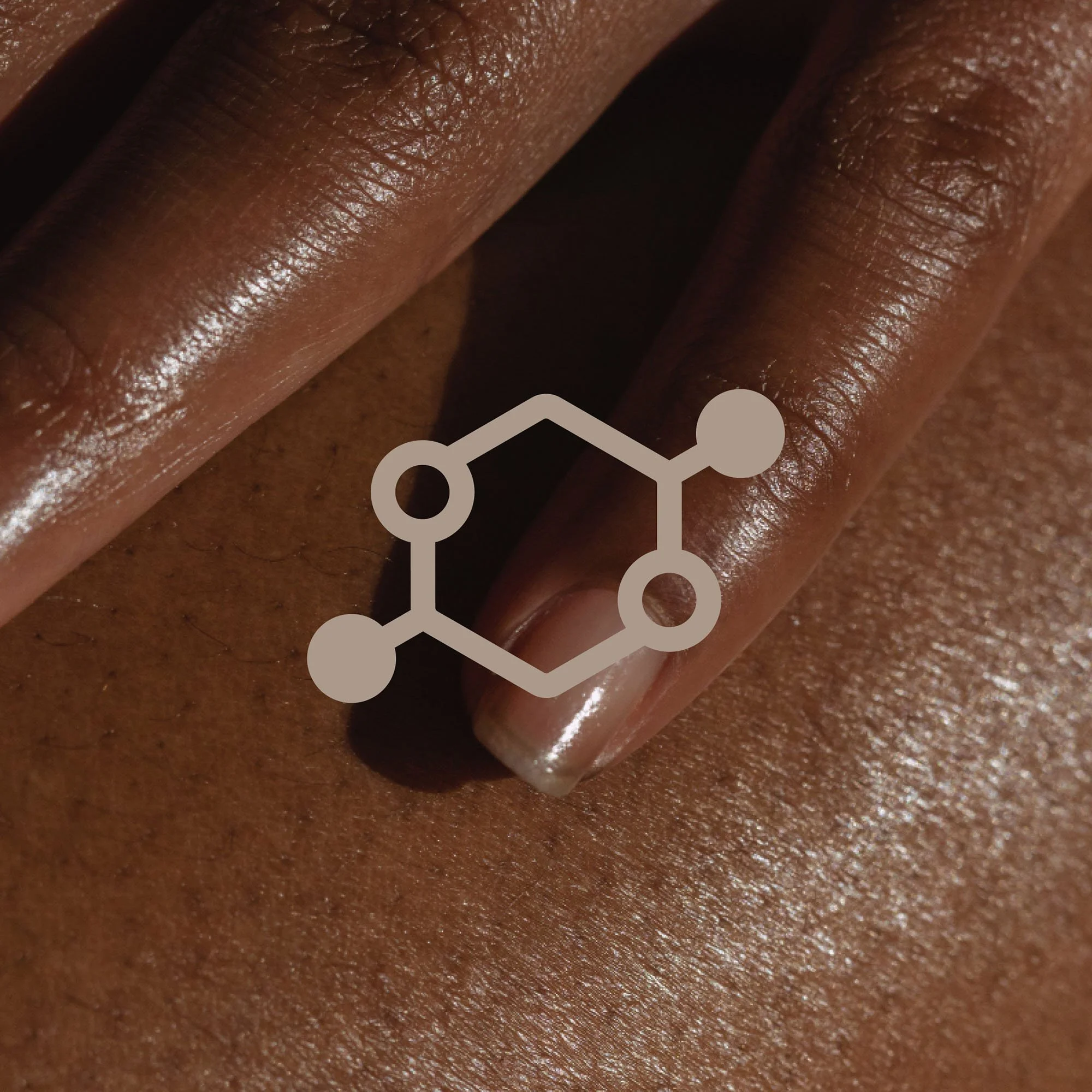 Close-up of human skin with a finger touching the skin, overlaid with a chemical structure diagram.