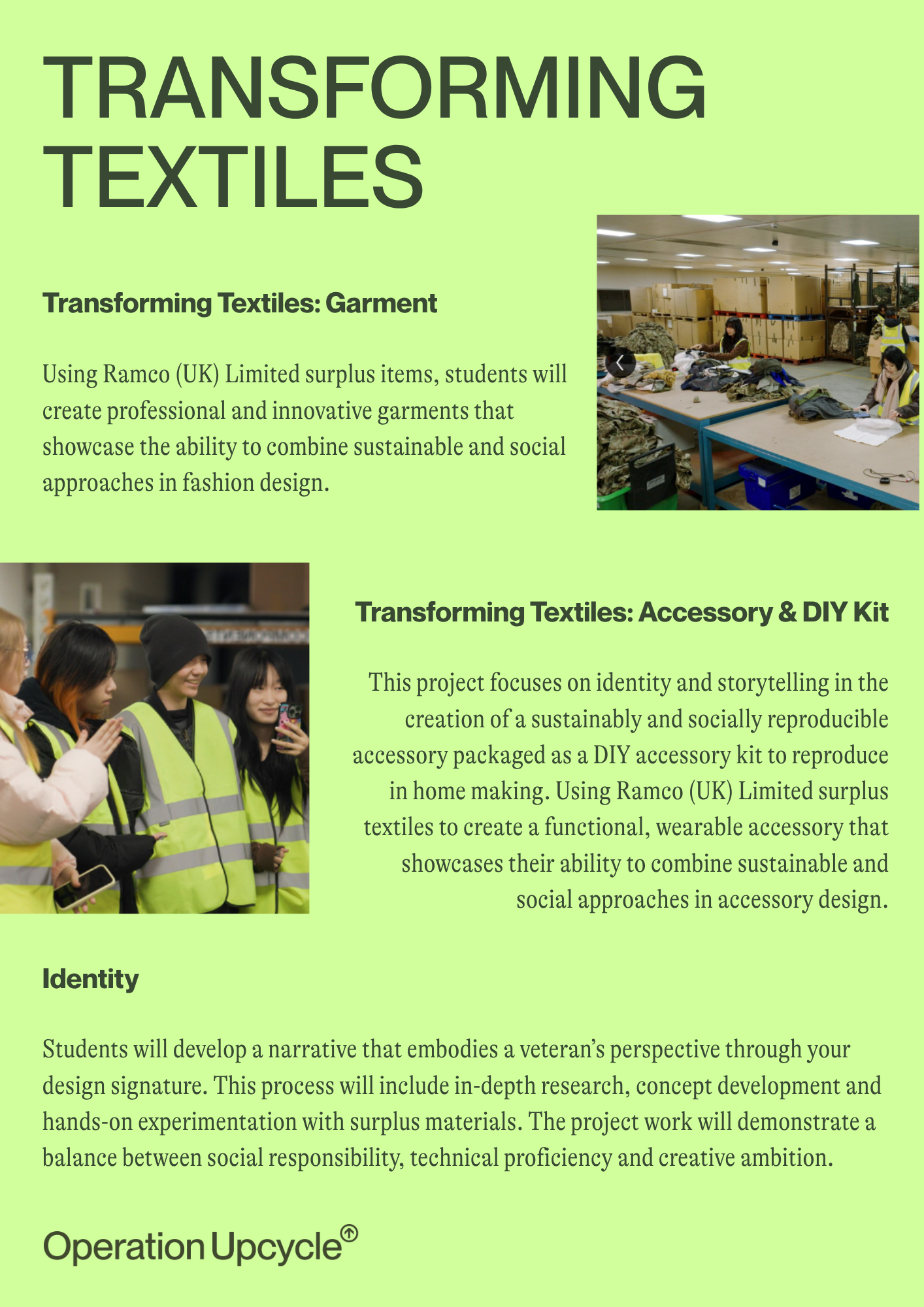 A poster titled 'Transforming Textiles' with images of people working with garments and surplus textiles in a factory setting, discussing sustainable and social approaches in fashion design.