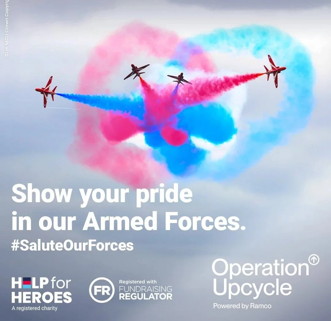 Four red airplanes flying in formation releasing colored smoke in blue, pink, and red, creating a patriotic display in the sky, with promotional text about showing pride in armed forces and hashtags.