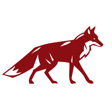 Silhouette d'un renard rouge marchant vers la droite sur fond noir.