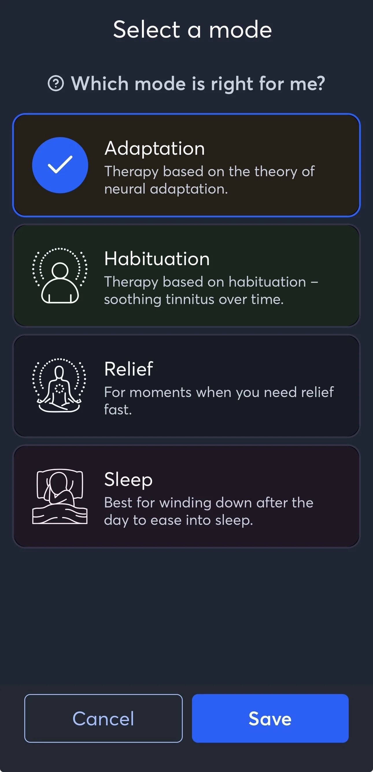 Screenshot of a mobile app with a menu to select a therapy mode, showing options for Adaptation, Habituation, Relief, and Sleep.