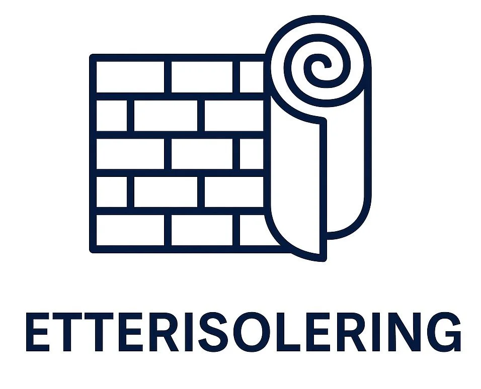 En illustrasjon av en murvegg og en isoleringsrull, med teksten "ETTERISOLERING" under.