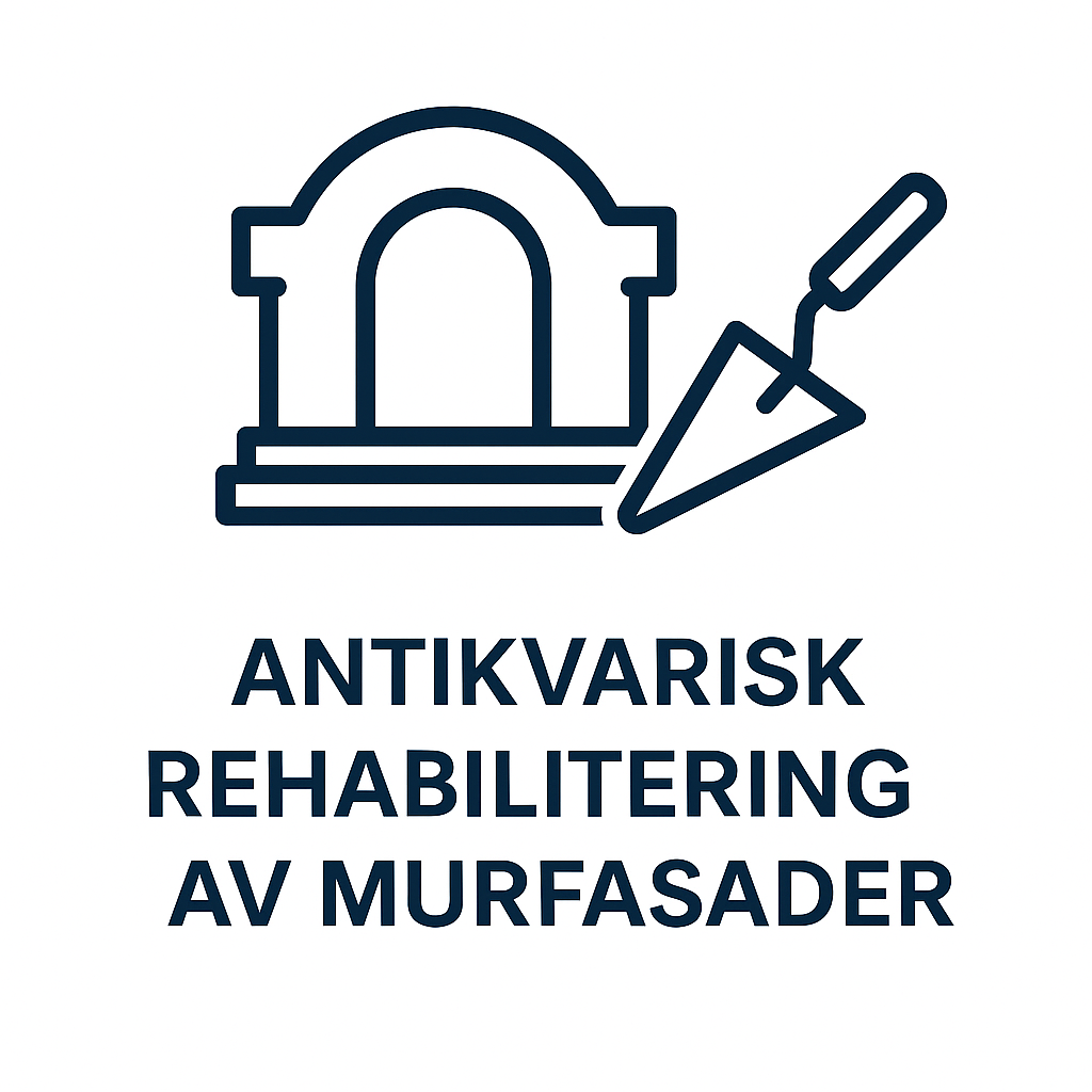 Logo for antikvarisk rehabilitering av murfasader, med en illustrasjon av en murfasade og en murskje. Tekst under logoen sier 'ANTIKVARISK REHABILITERING AV MURFASADER'.