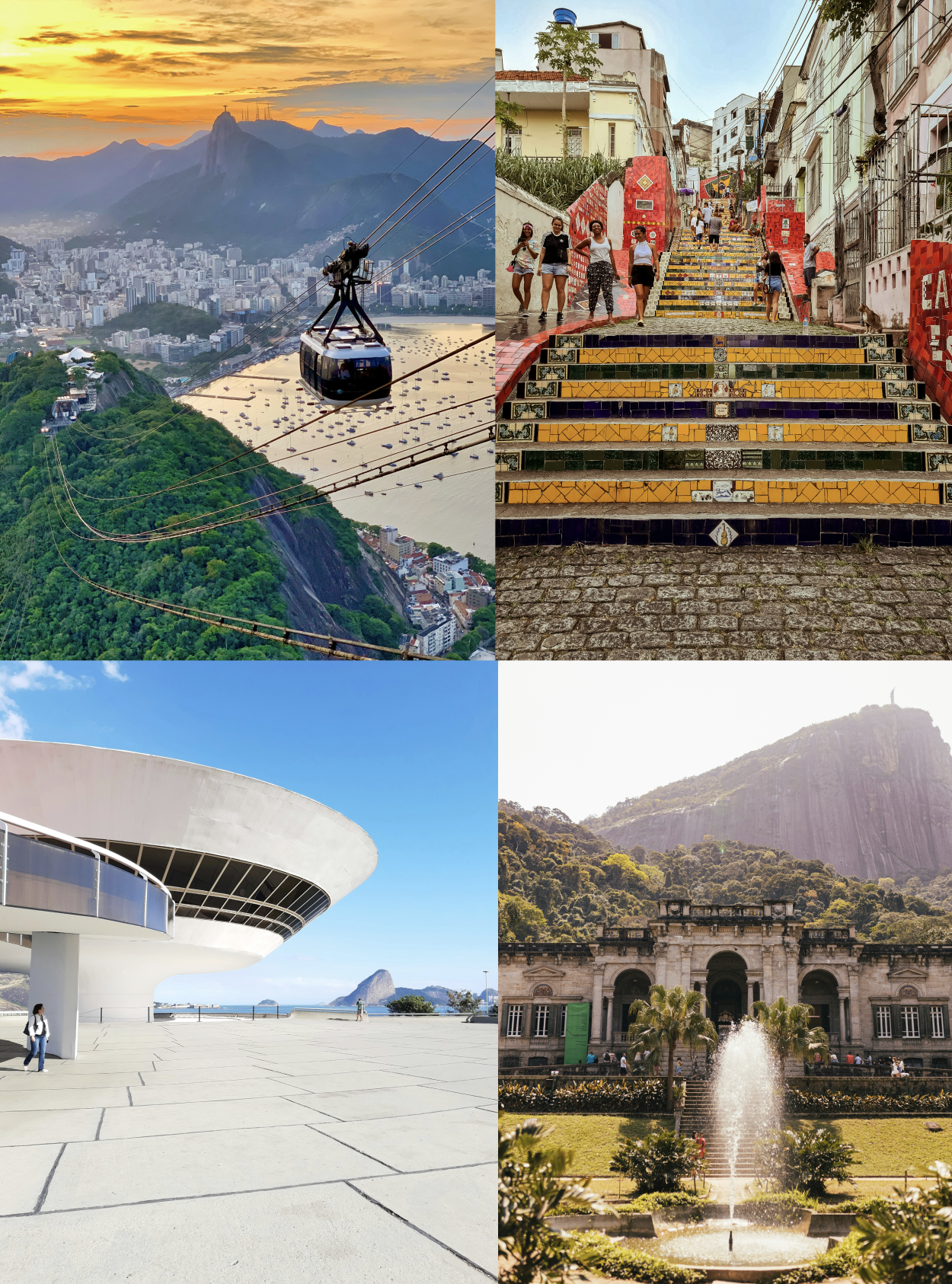 Une collection de quatre images représentant des sites touristiques célèbres : en haut à gauche, un téléphérique surplombant une ville et des montagnes au coucher du soleil, à droite, un groupe de personnes marchant sur des escaliers colorés dans un quartier urbain, en bas à gauche, une plage avec un bâtiment moderne et une roche isolée au loin, et en bas à droite, un bâtiment historique avec une fontaine en avant dans un parc verdoyant.