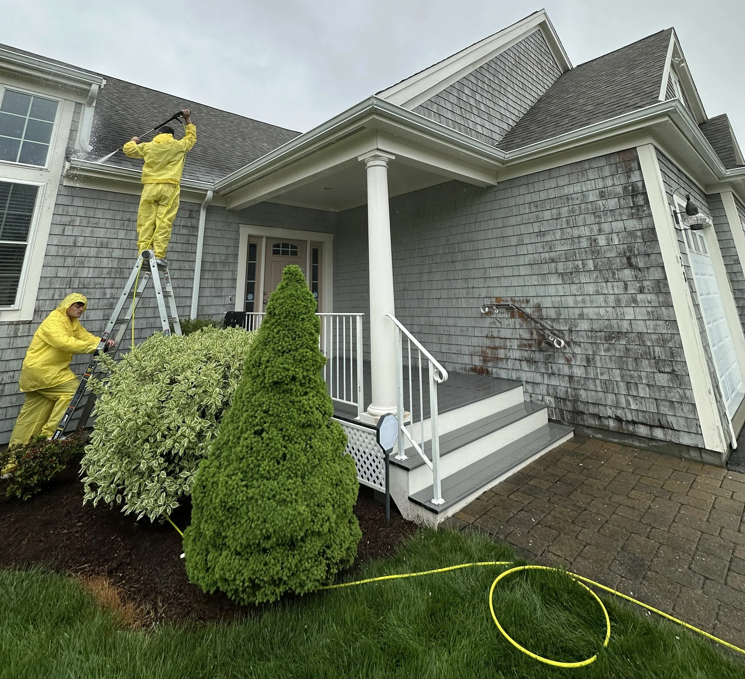 A man standing on a step ladder painting a ceiling in a room with painter's tape and plastic sheeting, holding a paint bucket and a paintbrush.