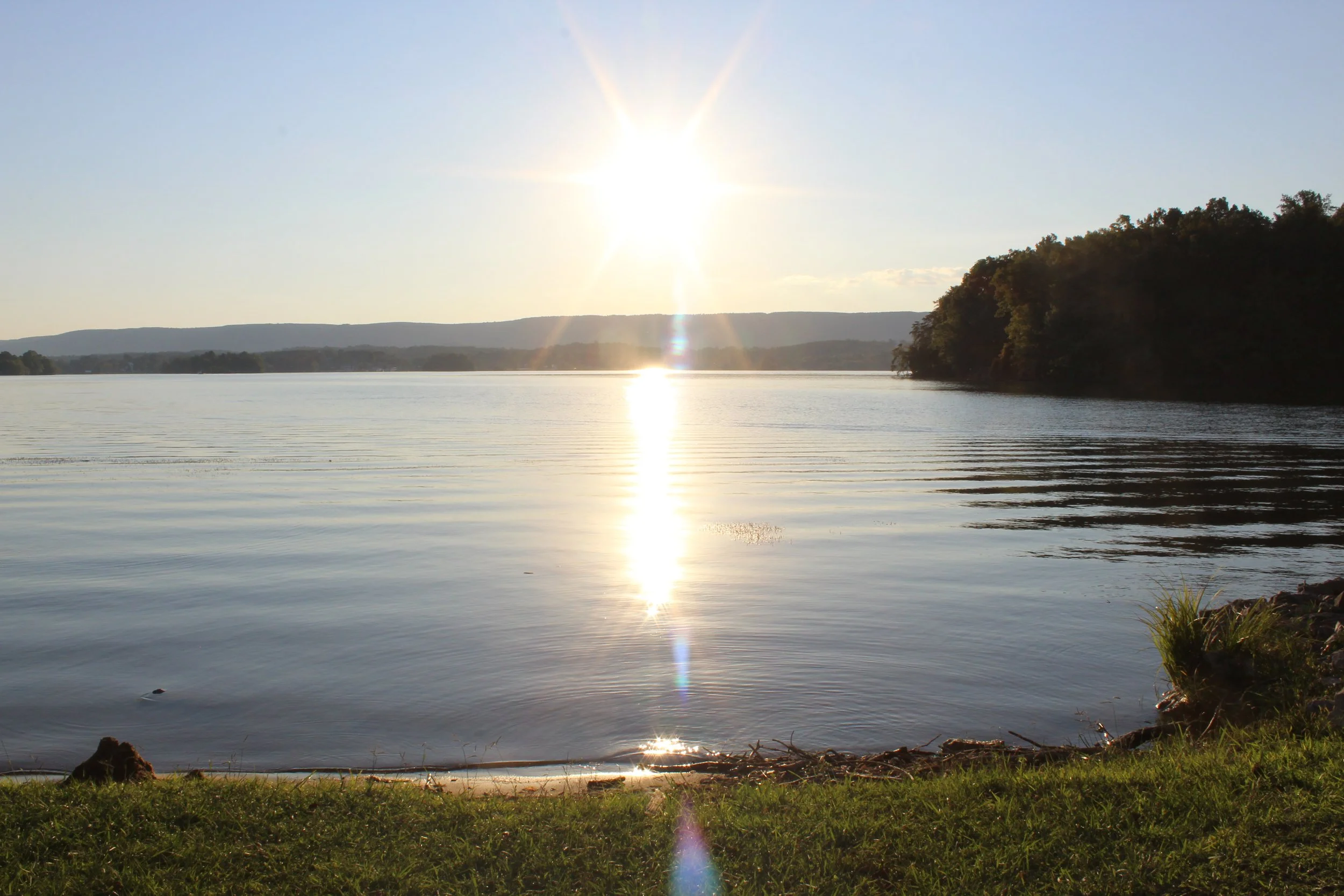 Sunset over a lake with calm water, a grassy shore in the foreground, and trees on the right side of the image.