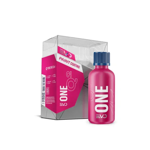 Pink bottle of EVO ONE paint coating with blue cap next to its clear plastic box.