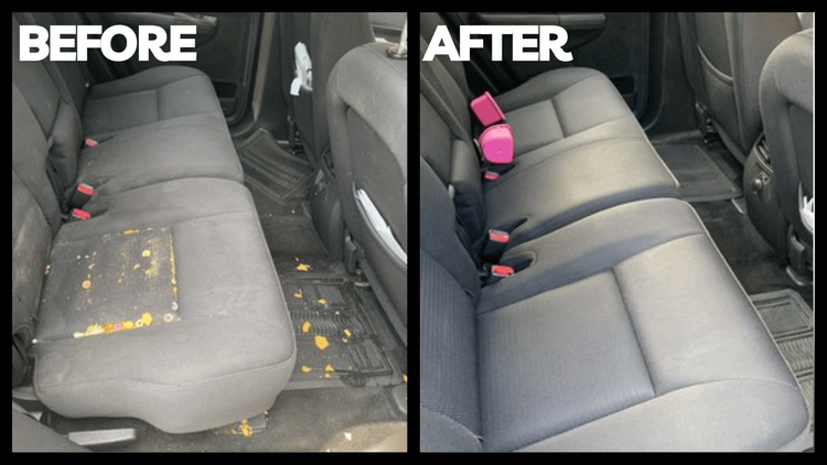 Side-by-side comparison of a car's back seat, before and after cleaning. The 'before' shows a dirty, stained fabric seat with debris, while the 'after' shows a clean, stain-free seat with a replaced pink seat belt buckle.