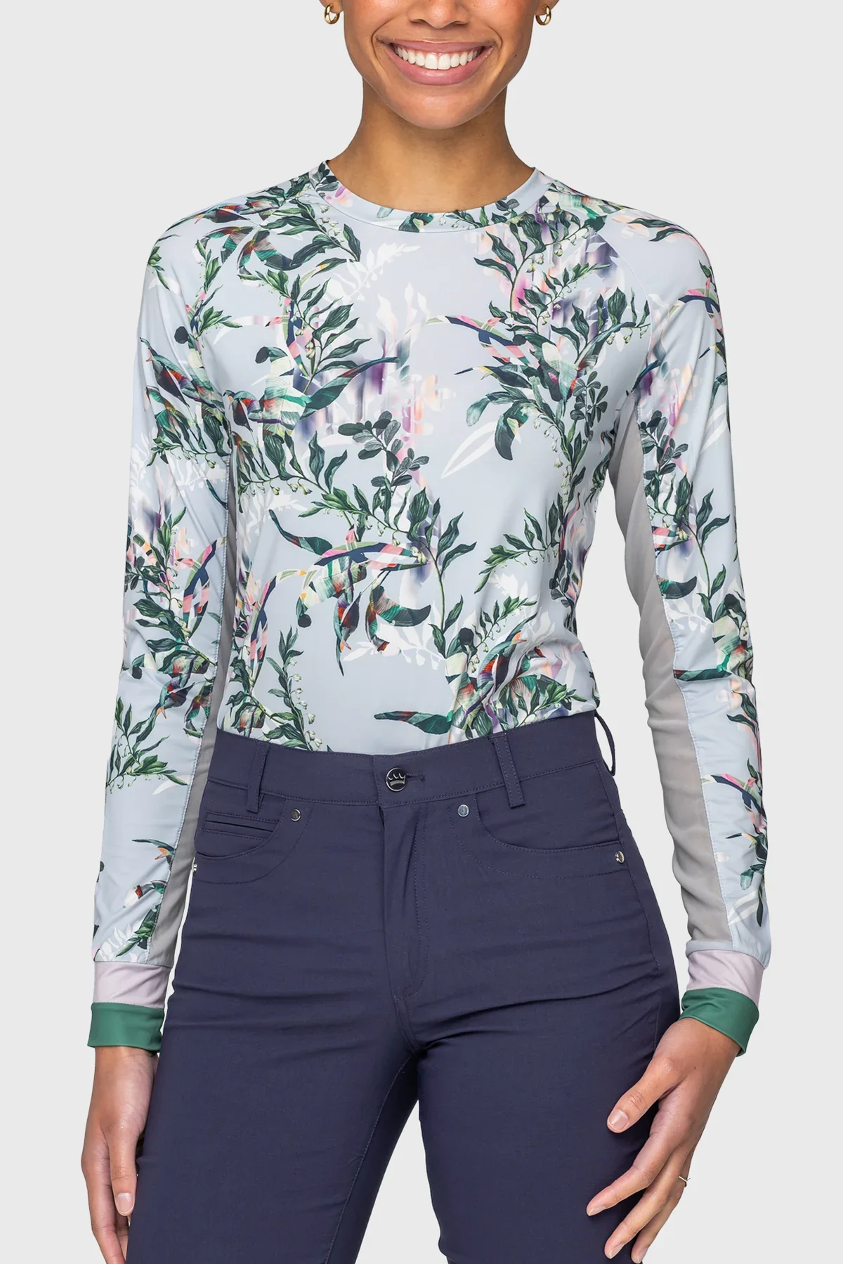 Powder Blue Botanical W/ Striped Cuff Long Sleeve Crewneck Sun Shirt