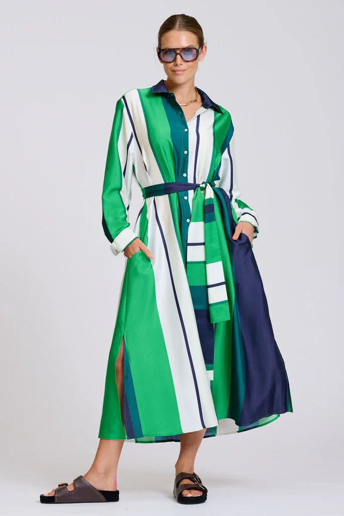 Luxe Luna Longline Shirt Dress - Navy and Green Bold Stripe