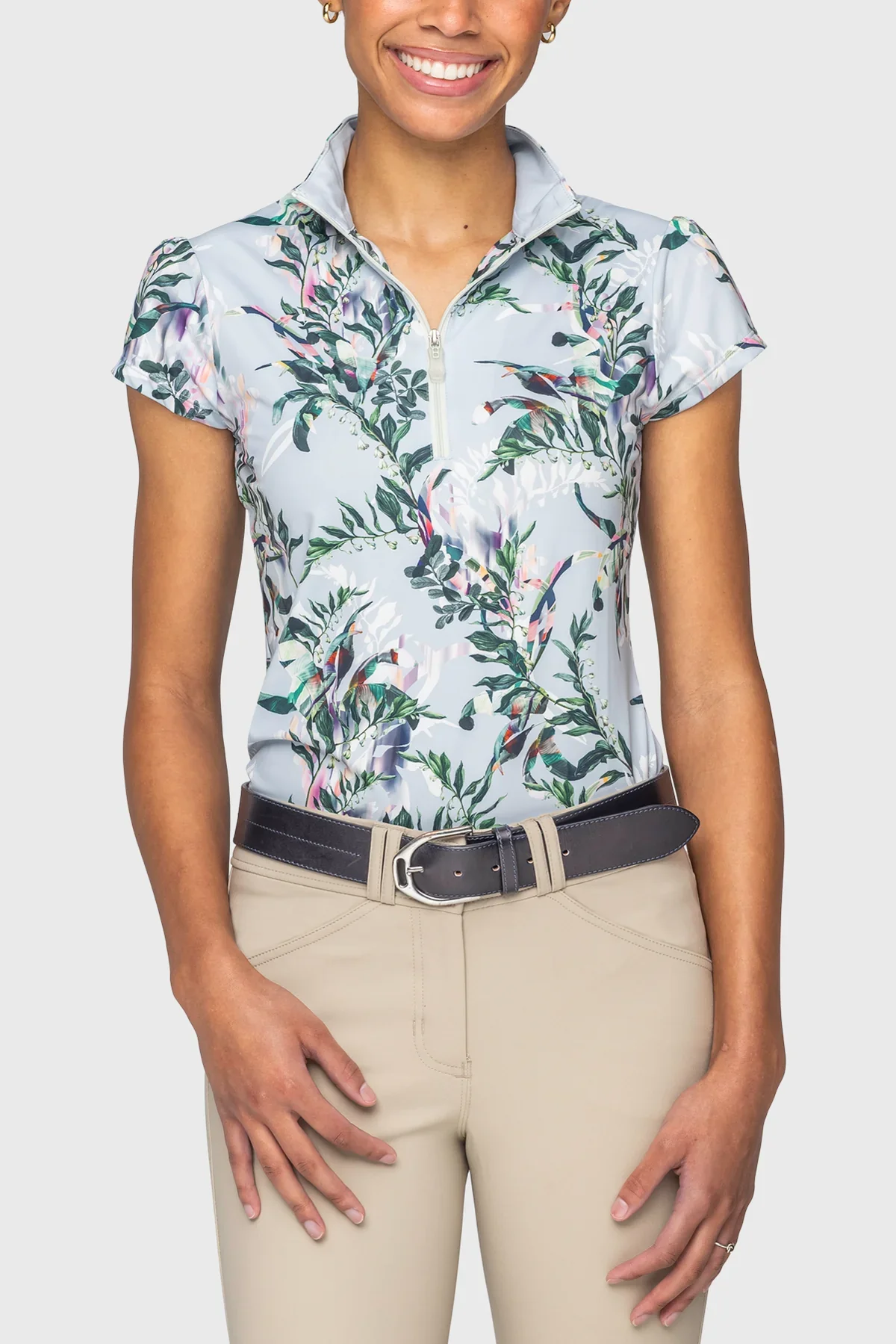 Powder Blue Botanical Cap Sleeve 1/4 Zip Sun Shirt