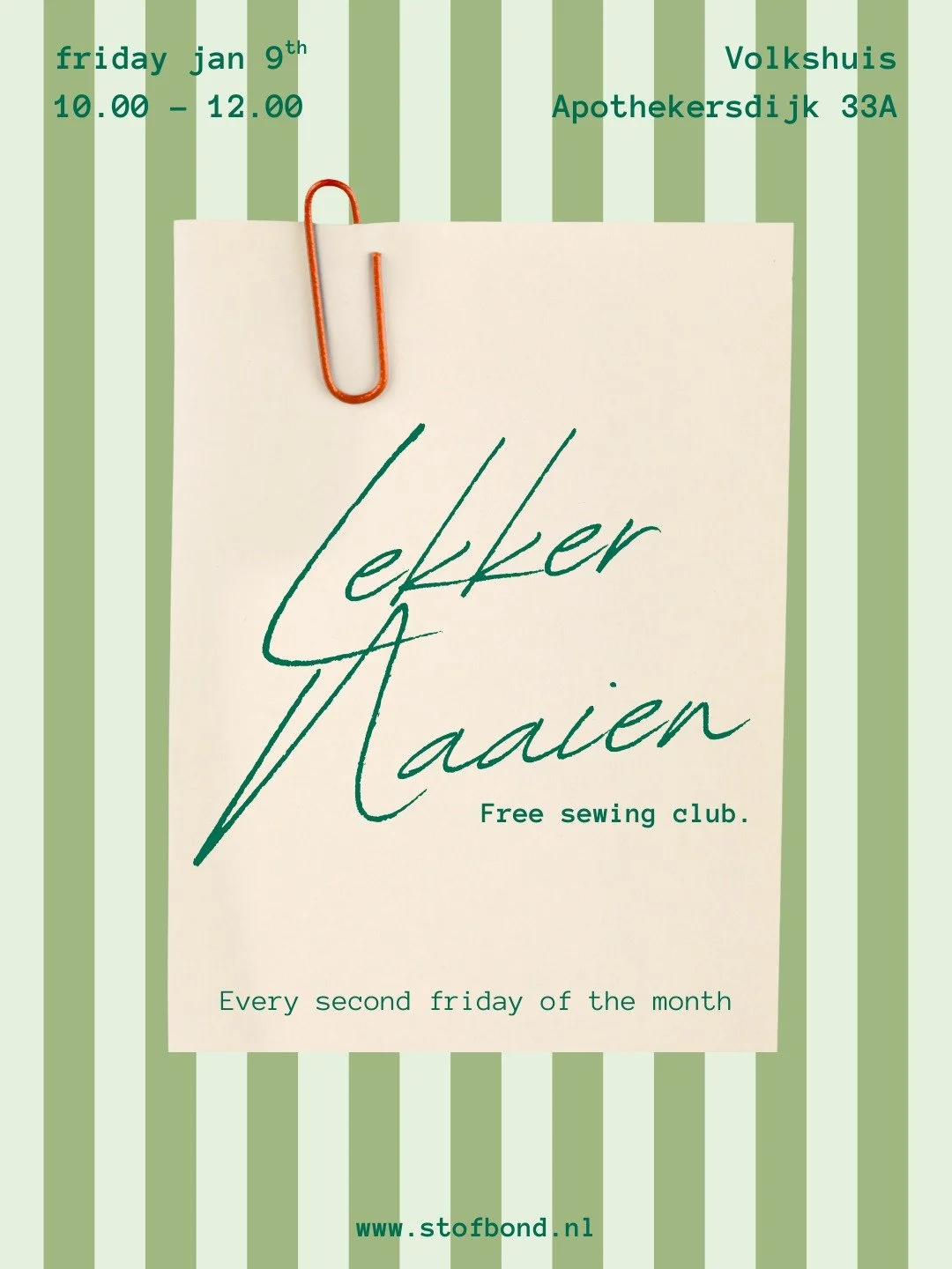 New year, new name, new chance✨

📅 Friday 09/01/26 10.00 - 12.00
📍 Volkshuis, Apothekersdijk 33A Leiden
💥 Free event

Whether you're working on a carnaval costume, making a fancy dress or repairing trousers. If you don't have a sewing machine at h