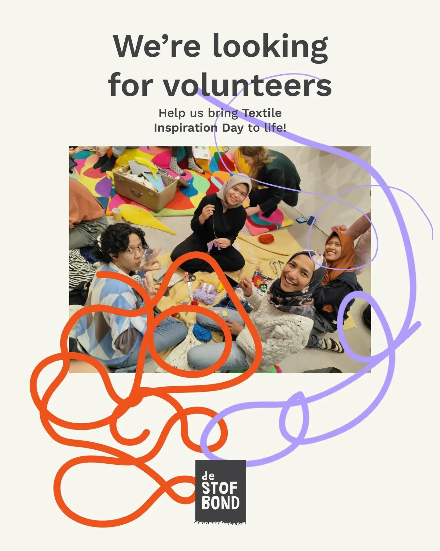 Would you like to help out? 👀
We are still looking for volunteers to support us during the day. Send an email to maria@stofbond.nl with your name and phone number and we will be in touch! 🔥🧶💖