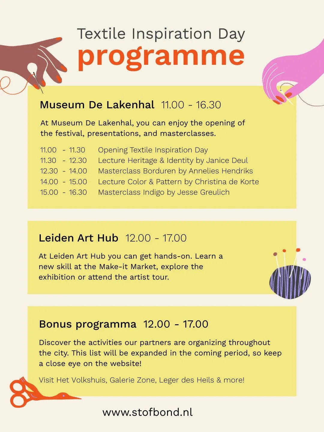 The program is live! Book your tickets now 🎟️

Discover an inspiring day filled with lectures, masterclasses, workshops, markets, exhibitions, and guided tours throughout Leiden.

💛 Many activities are free to attend.
🎟️ For some programs, you&rsq
