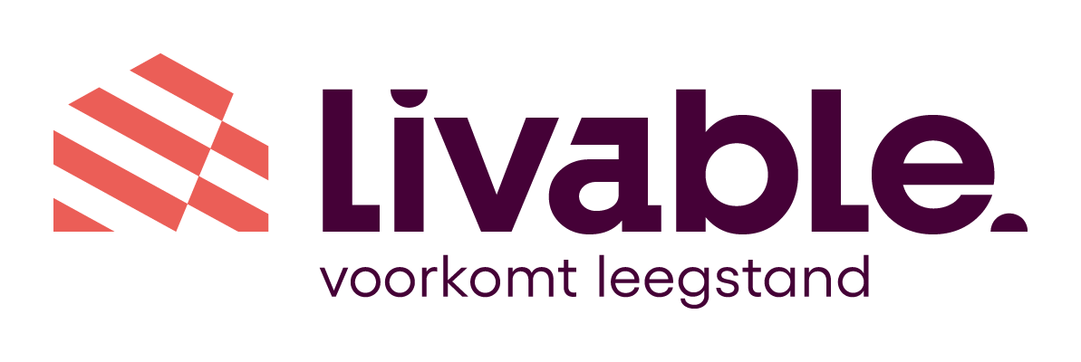 Logo of Livable, a housing organization, including a stylized orange building icon and the words "livable" and "voorkomt leegstand" in purple.