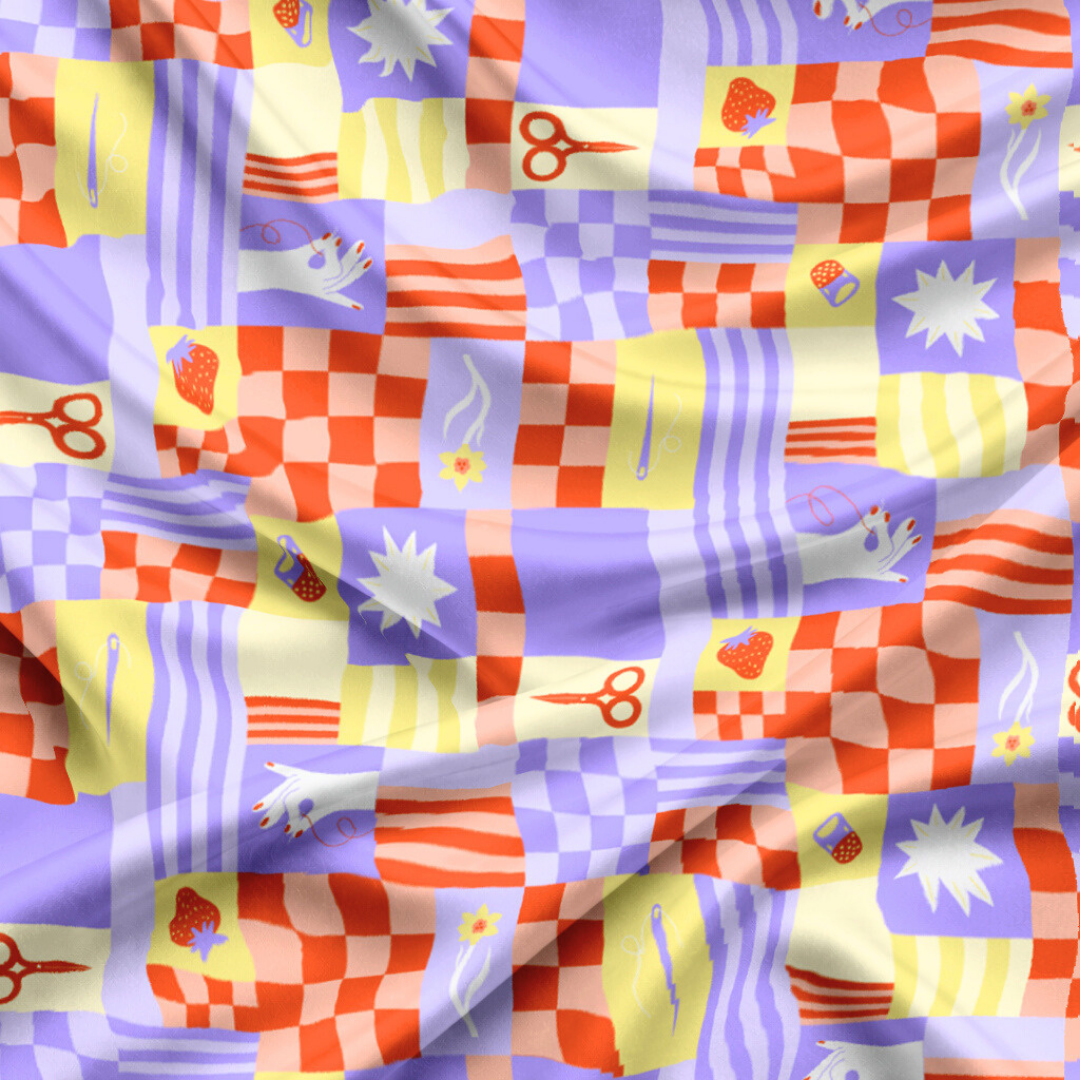 Colorful patchwork apron with scissors, strawberries, sewing needle, and stylized sewing patterns in pastel colors.