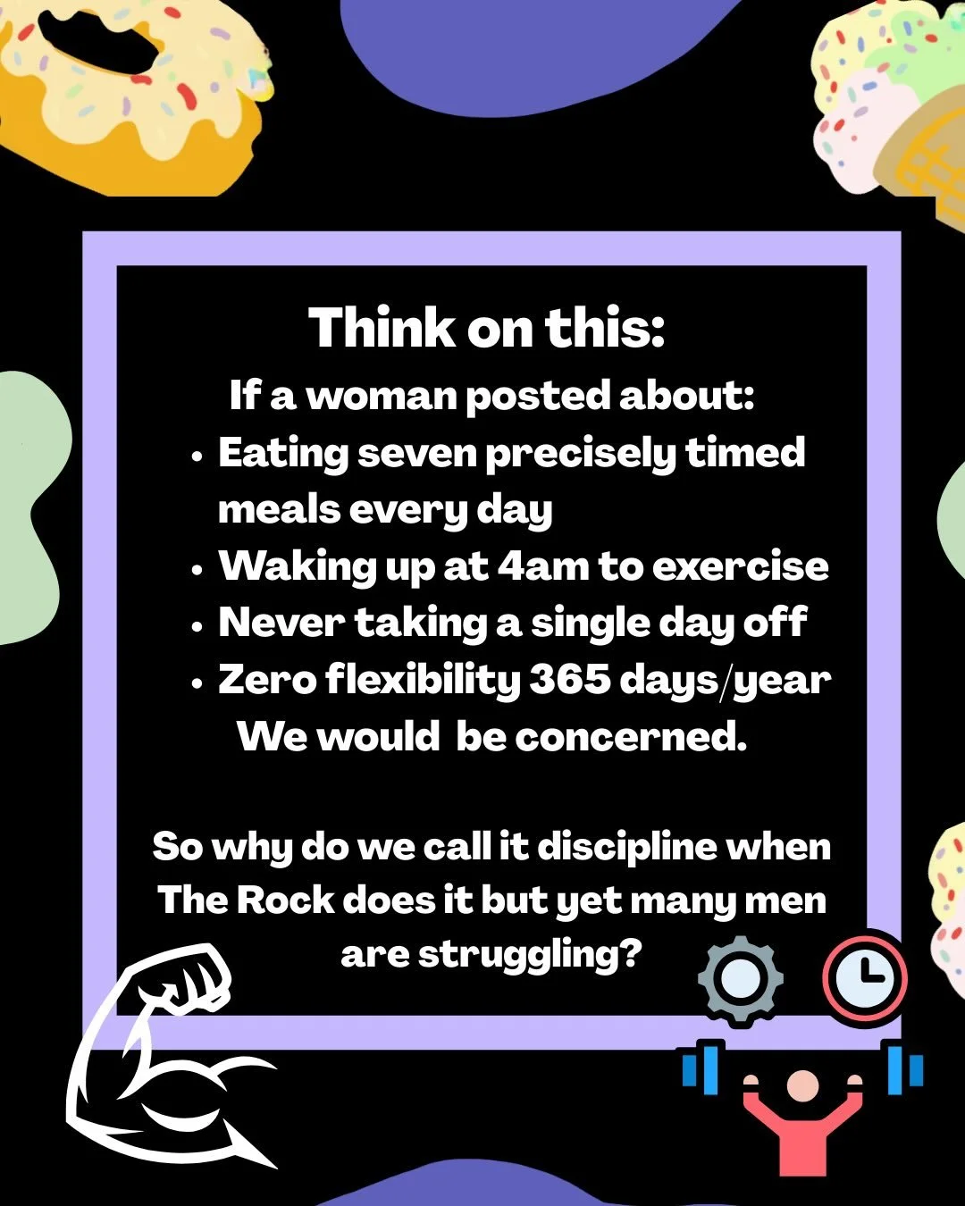 🤔 When does discipline become a disorder?

We asked that question and realized that the line is a lot thinner than the wellness industry wants you to think.

If these behaviors showed up in a woman:

🔥Seven precisely timed meals every day
🔥4am wor