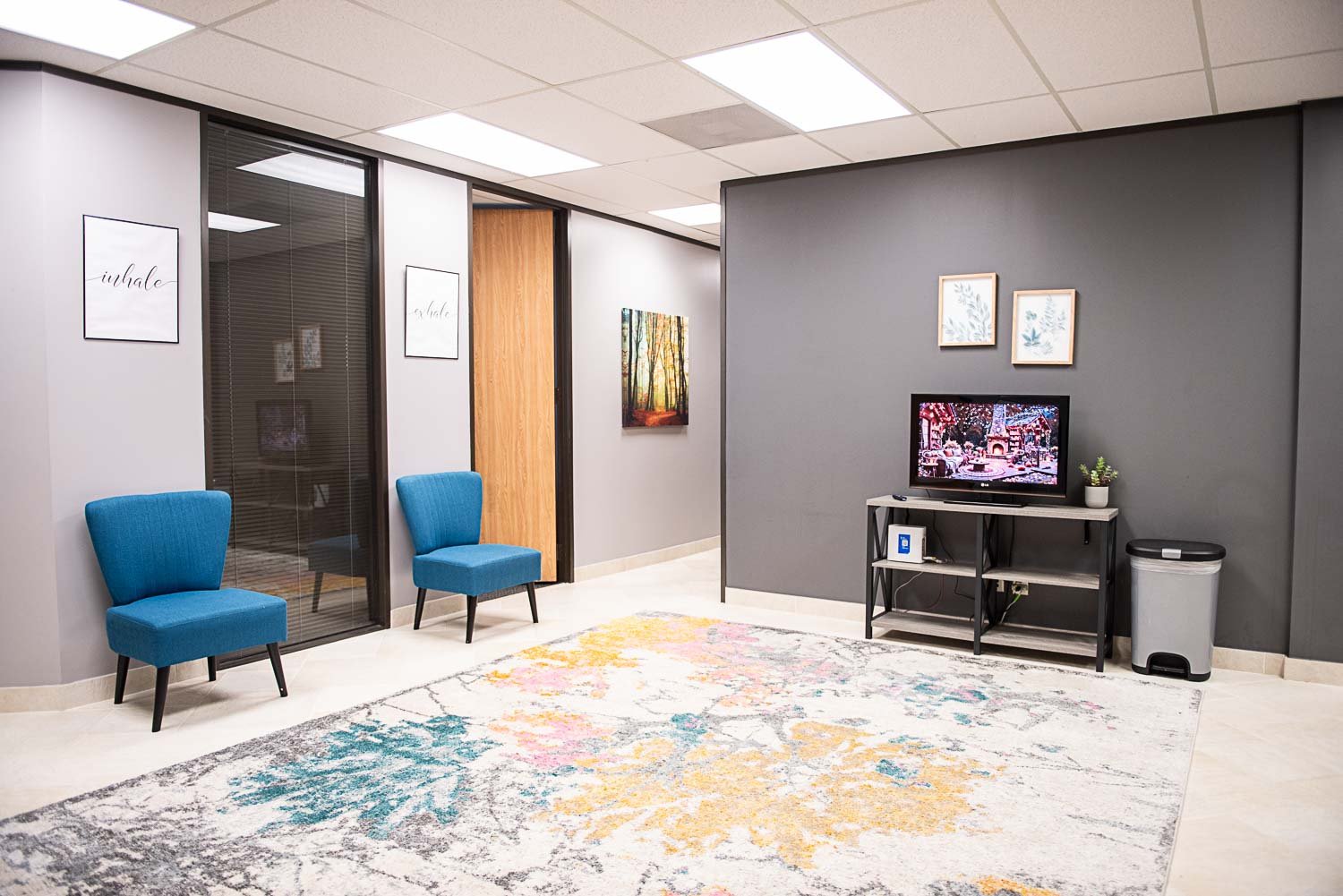 Waiting room at Anchored by Light Counseling, PLLC, with blue chairs, a colorful rug, a small television on a stand, framed artwork on the walls, and a trash can.