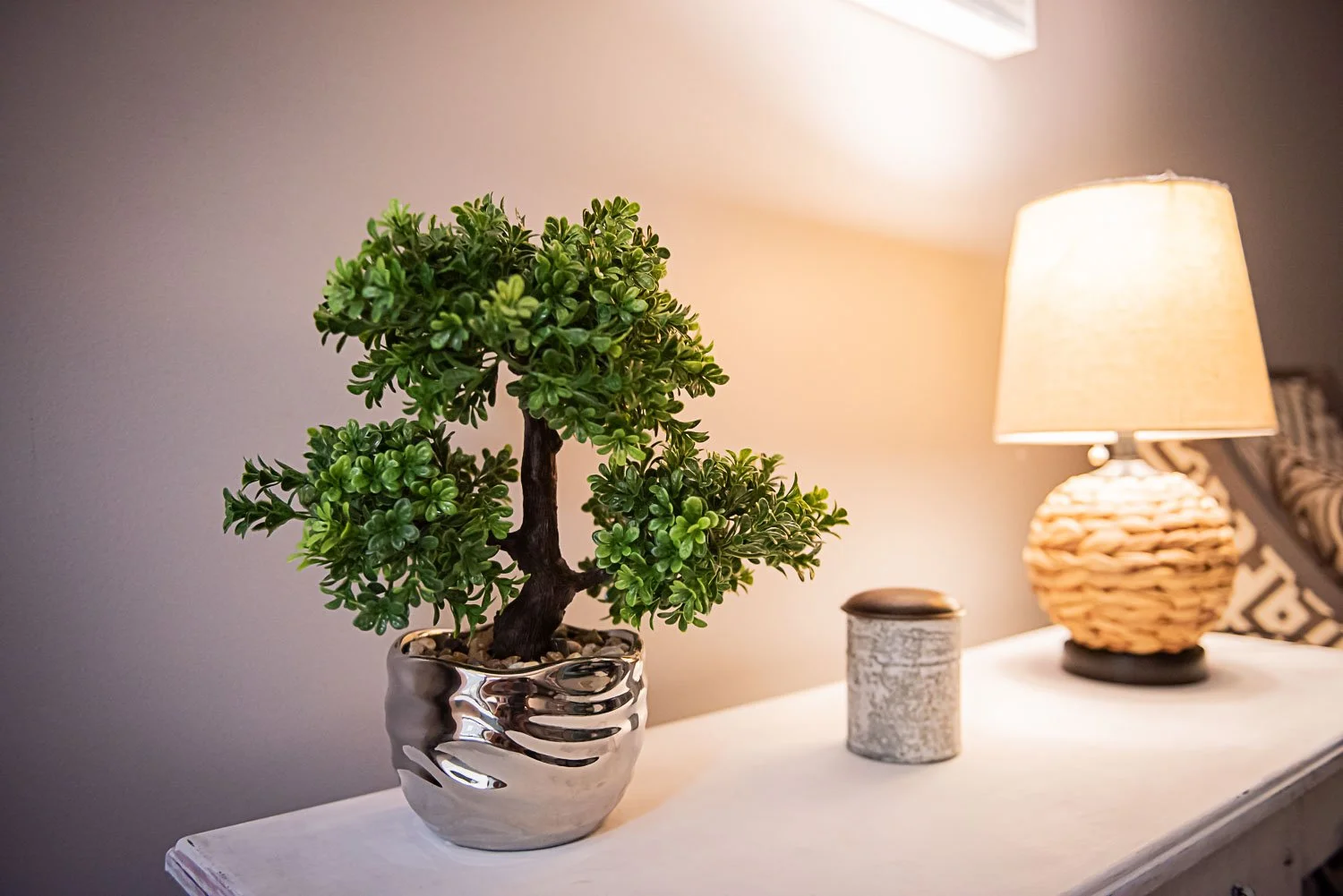 Decorative green potted plant, table lamp with woven base, and small container on white table in a cozy private counseling space at Anchored by Light Counseling, PLLC.