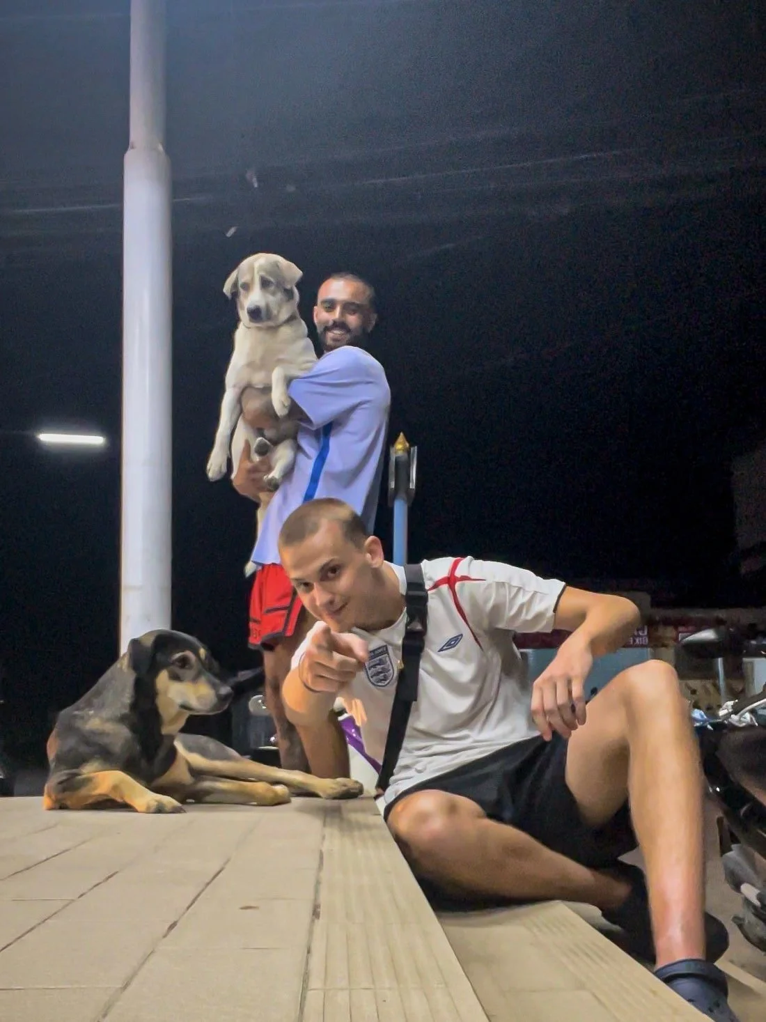 Tom from The Mission Planet CIC with rescue dogs during an evening animal welfare visit.
