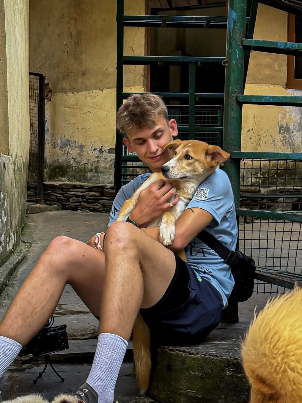 Tom from The Mission Planet CIC spending time with a rescued dog during an animal welfare project.