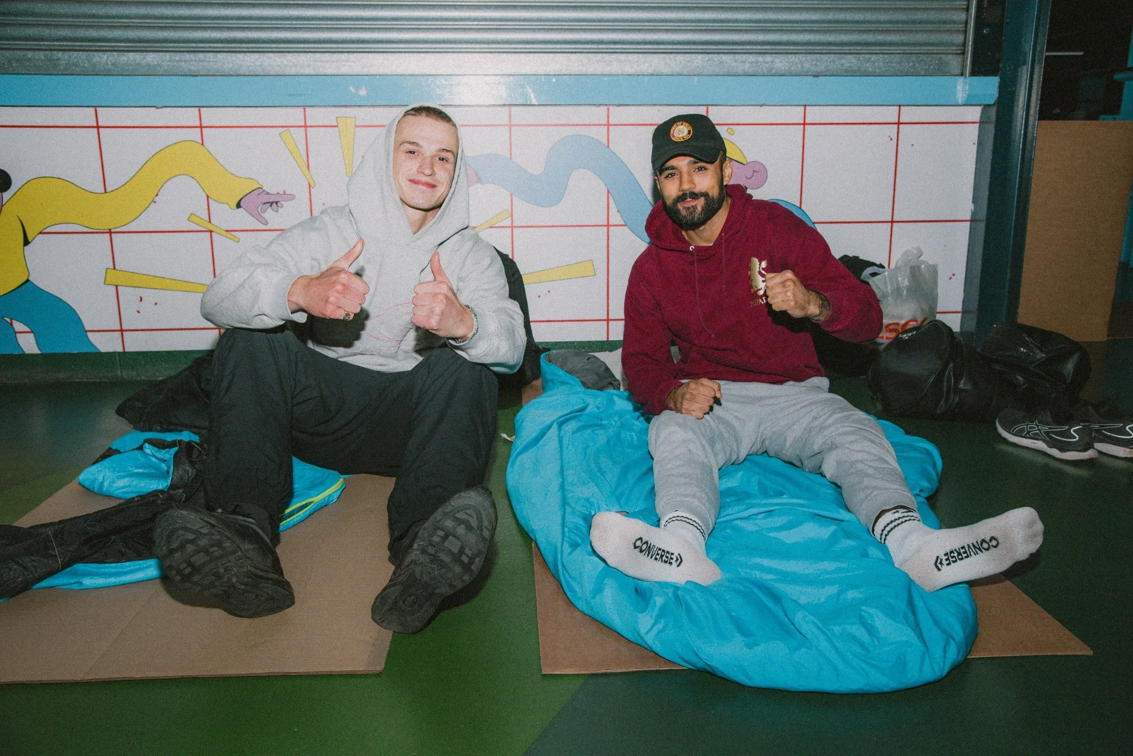 Tom and Rohan, founders of The Mission Planet, during the Big Villa Sleep Out in Birmingham, raising awareness and funds for homelessness