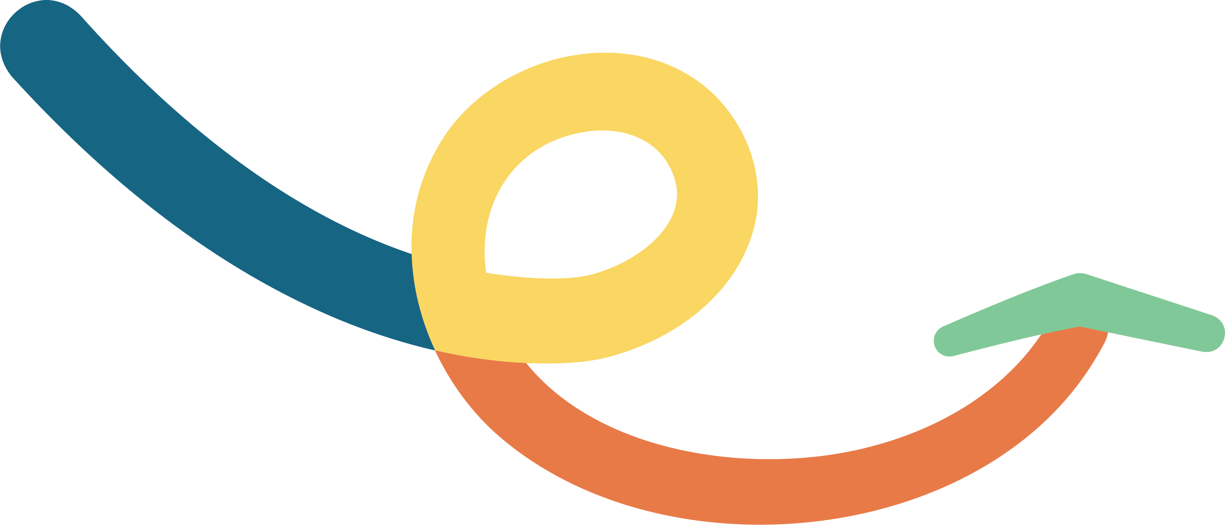 Abstract colorful shapes including a blue curved line, yellow circle, orange crescent, and green arch on a white background.