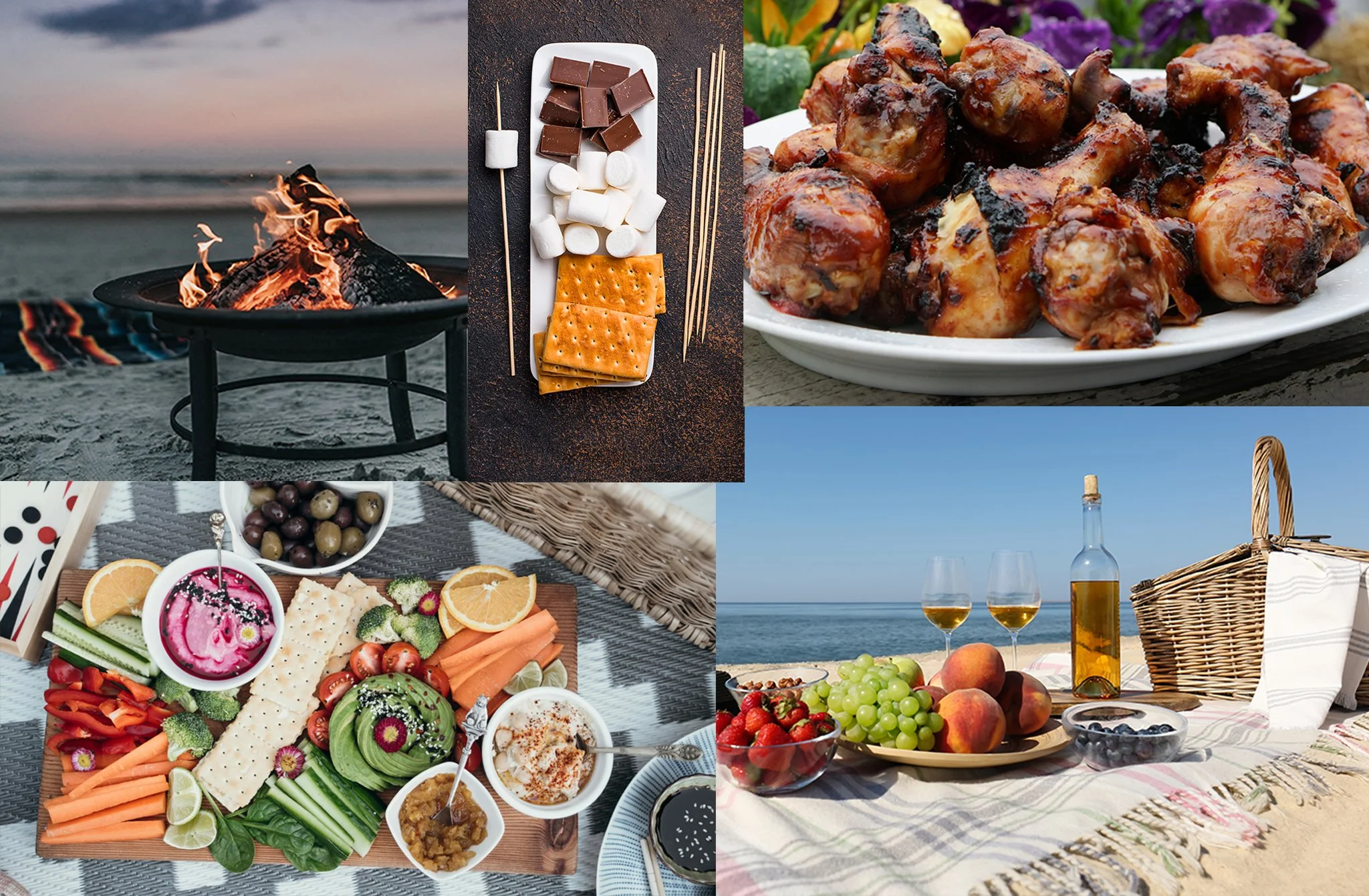 Catering for a beach picnic with chicken, vegetables, dip, a fire, wine, fruit, and a blanket