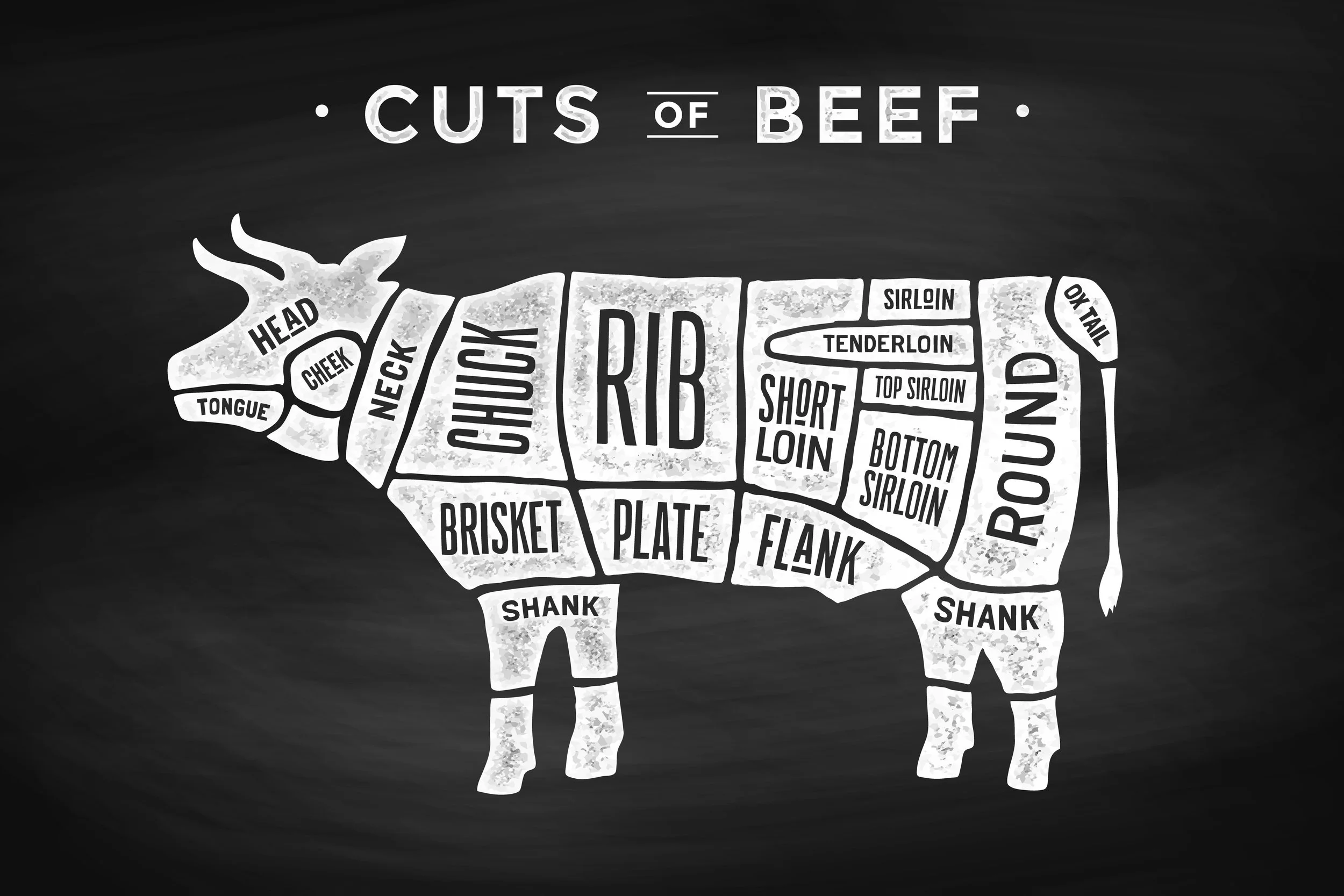 Diagram of beef cuts on chalkboard with location for sirloin, brisket, shank, chuck, head, tongue, cheek, neck, rib, plate, short loin, sirloin, tenderloin, top sirloin, bottom sirloin, round, flank, ox tail