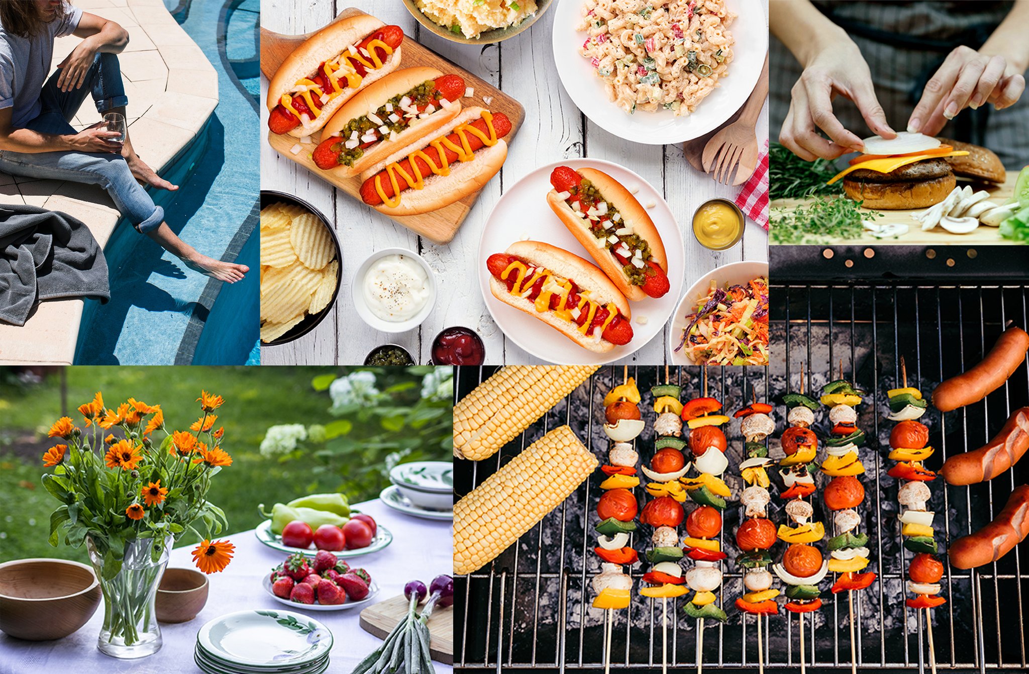 Catering for a BBQ by the pool and backyard with hot dogs, coleslaw, chips, burgers, vegetables, corn, kebabs, flowers