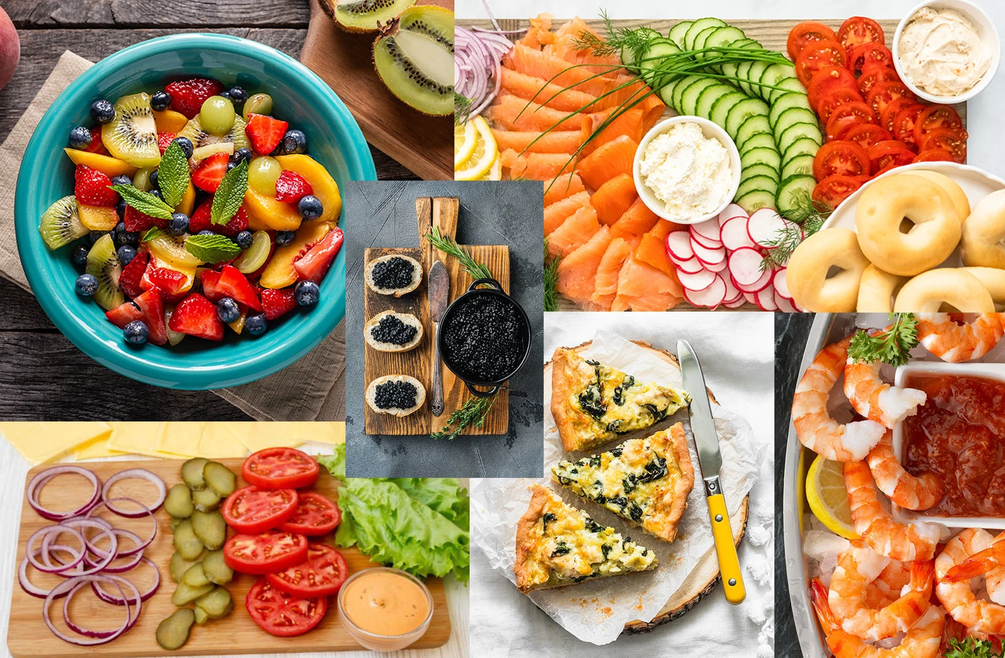 Catering for platters to go with fruit, sliced vegetables,  burger condiments, quiche, shrimp, cocktail sauce, lox, bagels, cream cheese, caviar, toast points