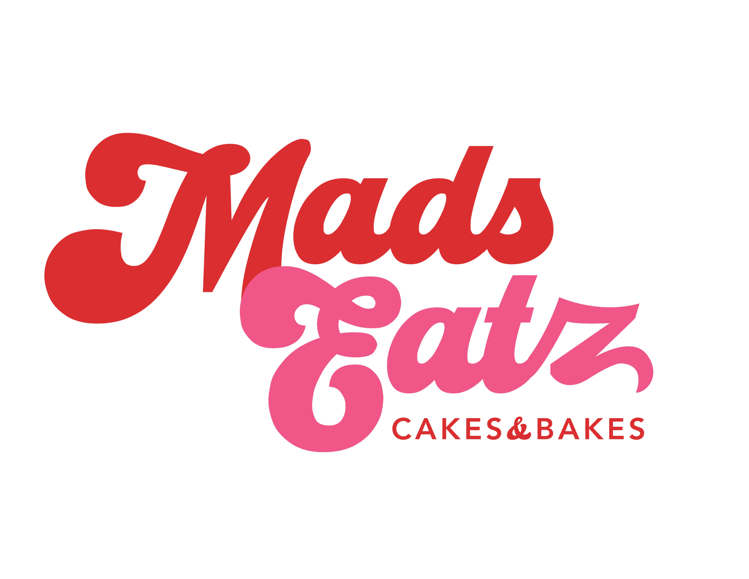 Logo for Mads Eatz Cakes & Bakes with the business name in red and pink cursive text on a black background.