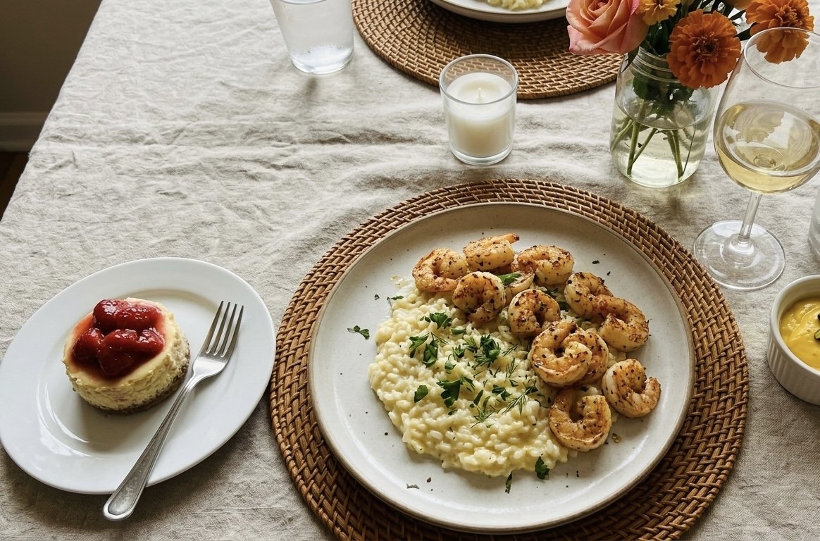 The Blueprint Mother’s Day Dinner: Garlic White Wine Shrimp over Kefir Risotto with Strawberry Cottage Cheesecake