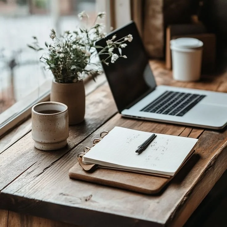 A wooden desk by a window with a potted plant, a coffee mug, an open laptop, a notepad with handwritten notes, and a pen, creating a cozy workspace setting.