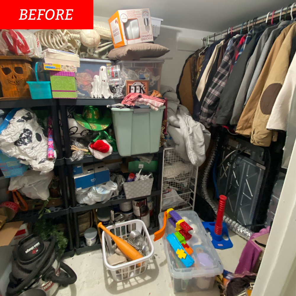 Messy storage room that needs to be decluttered
